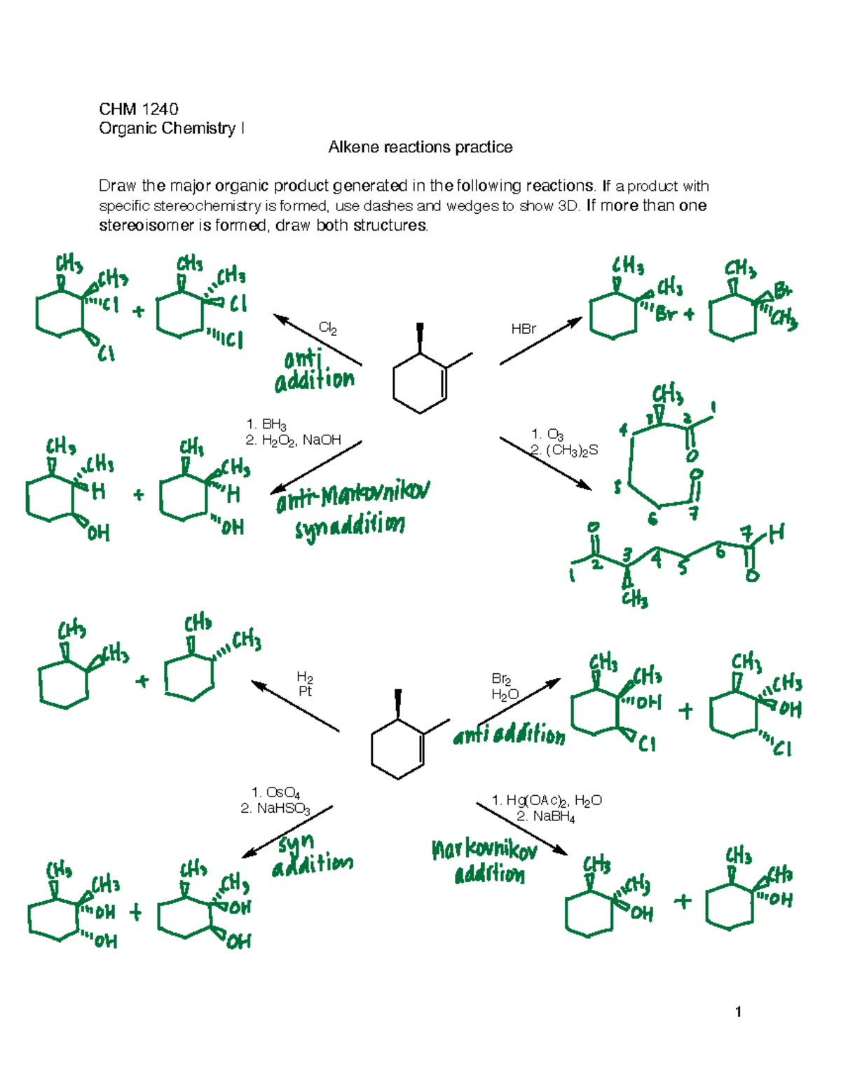 Ch 6 Alkene Reactions Practice Key - 1 CHM 1240 Organic Chemistry I ...