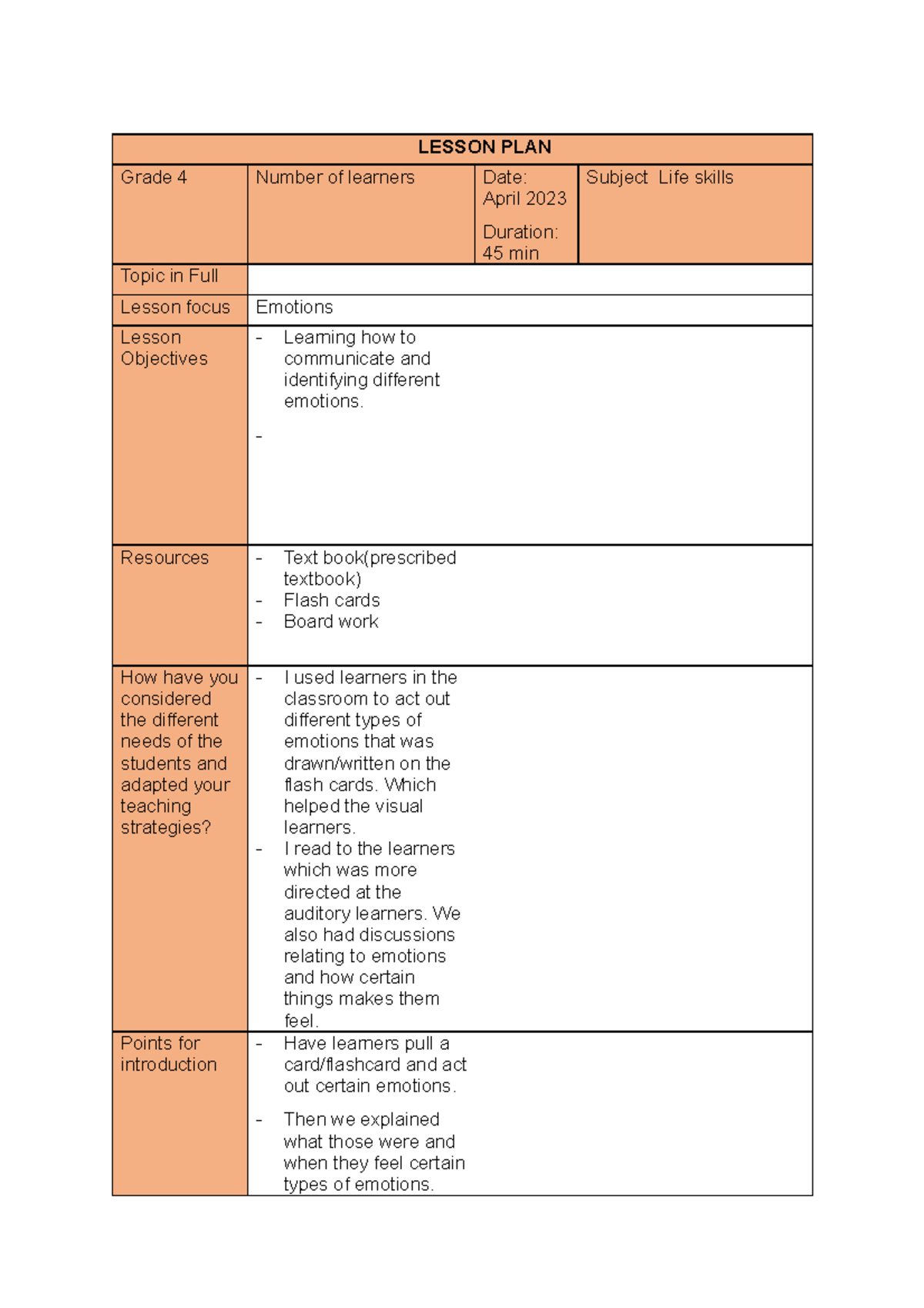 Life skills emotions - LESSON PLAN Grade 4 Number of learners Date ...