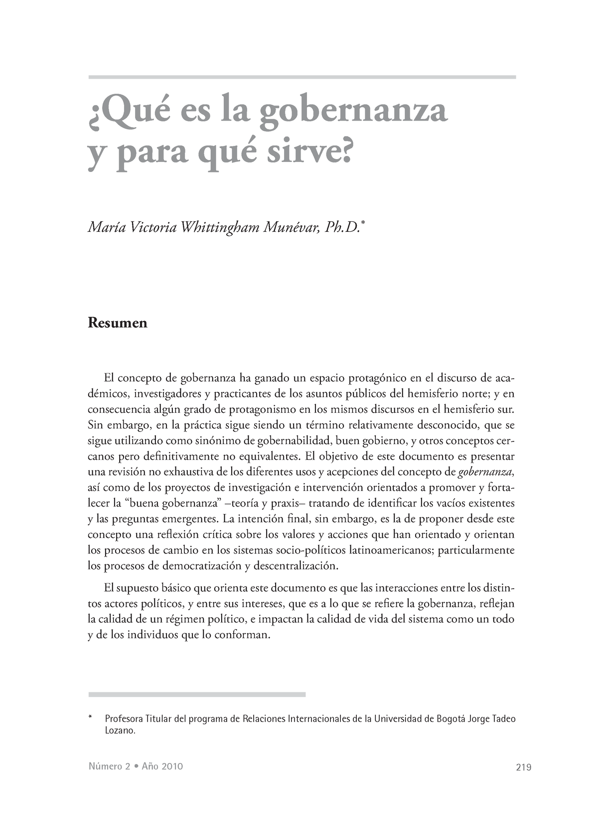 ¿Qué Es La Gobernanza Y Para Qué Sirve? - Número 2 • Año 2010 219 María ...