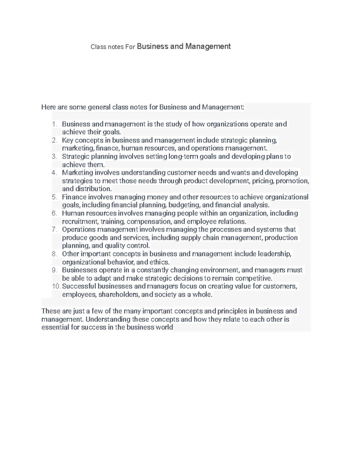 Untitled document - lecture notes - Class notes For Business and ...