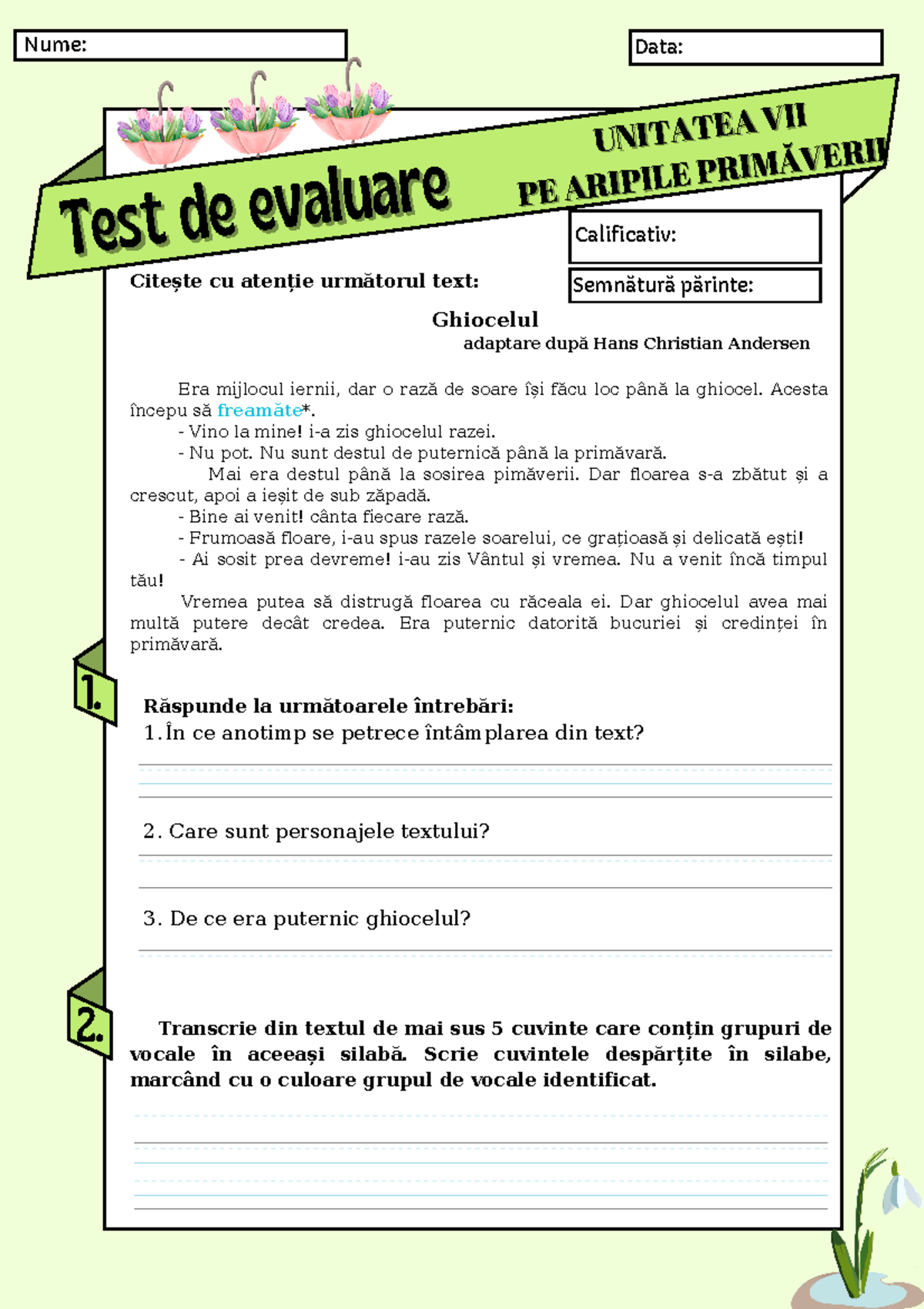 Test CLR unitatea 7 - editura EDU - Data: Semnătură părinte: Test de ...