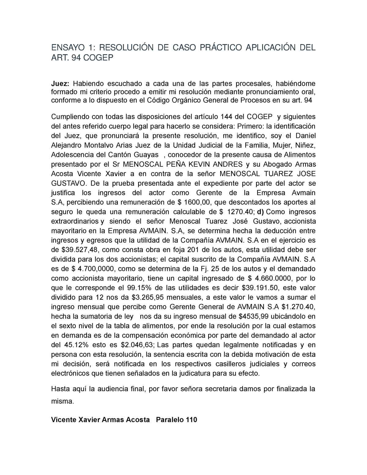 Ensayo 1 Resolución De Caso Práctico Aplicación Del Art 94 Cogep Ensayo 1 ResoluciÓn De Caso 6721