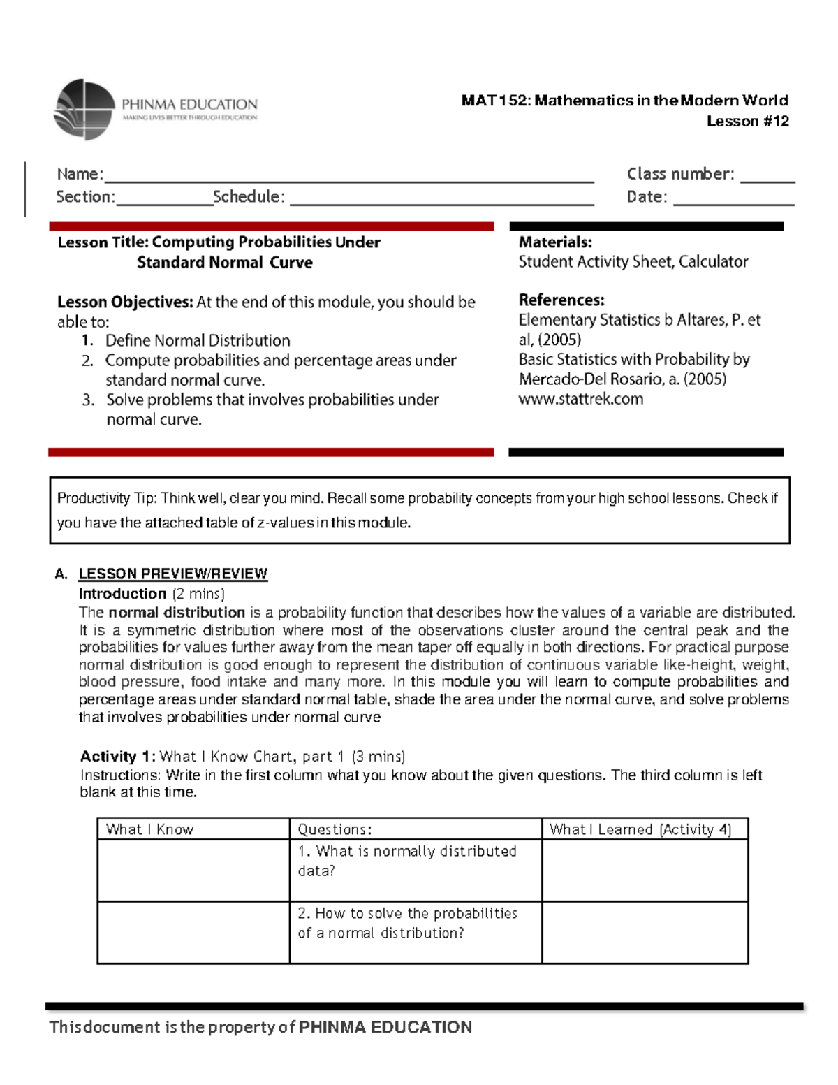 MAT 152 SAS#12 2324 - SAS - Lesson Name: Section: Schedule: Class ...