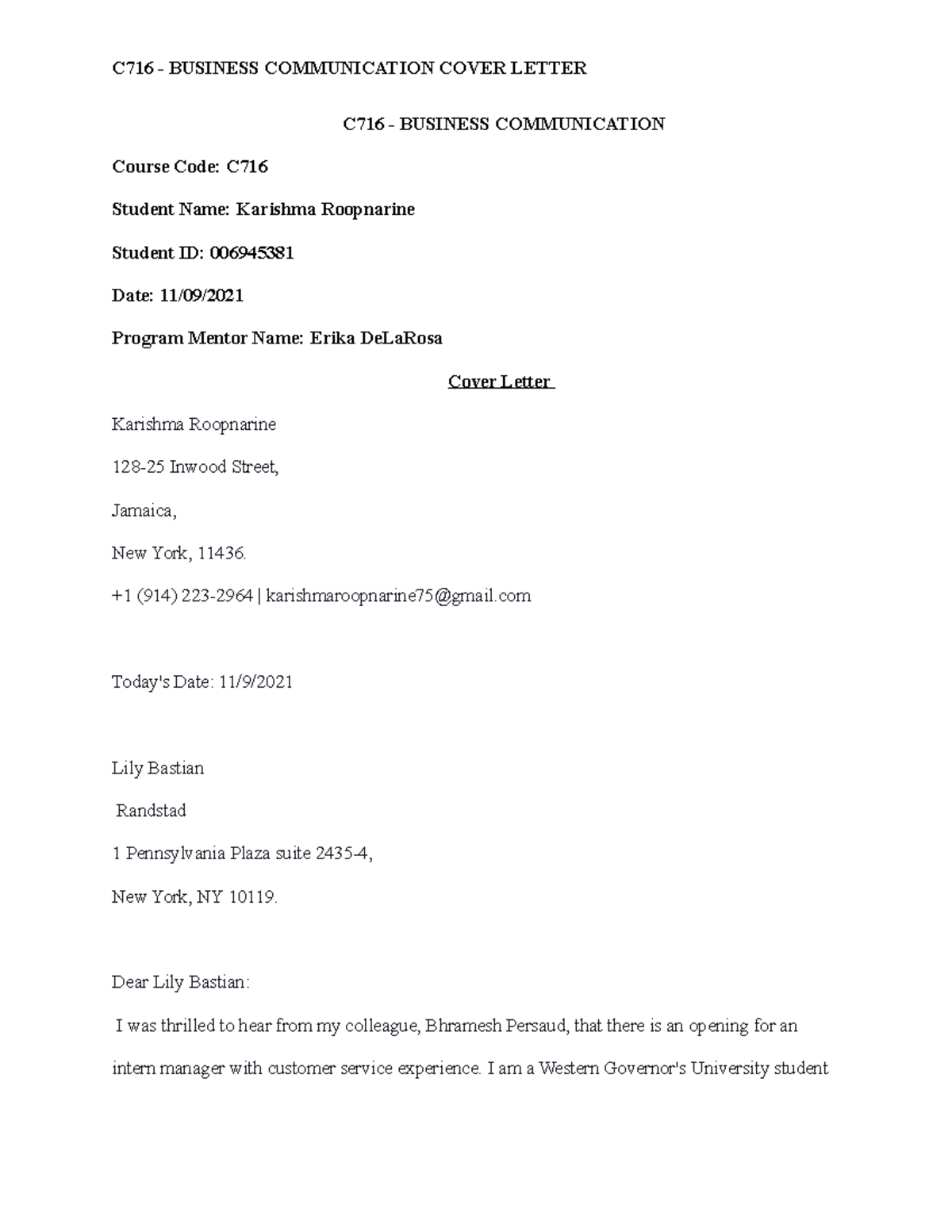 C716 Cover Letter and Resume TASK 2 - BUS 2600 - WGU - Studocu