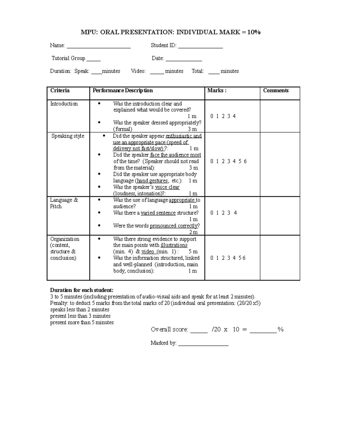 MPU3113 Individual Oral Presentation scoresheet - MPU: ORAL ...