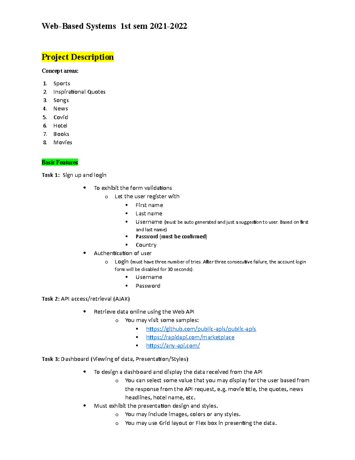 WBS-Project Concept 1st sem 2021 - Systems 1st sem Project Description ...
