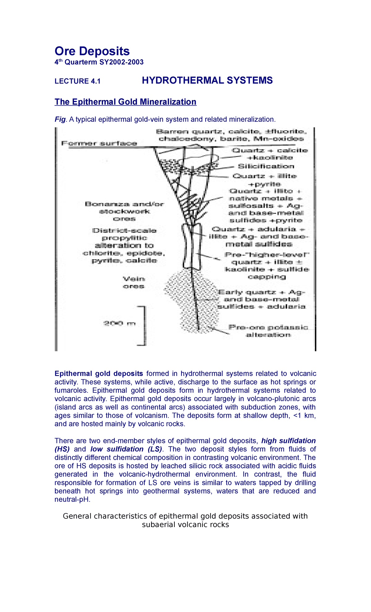 Hydrothermal Systems - notes - Ore Deposits 4 th Quarterm SY2002 ...