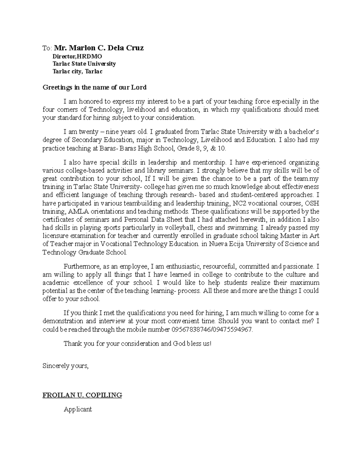 Application Letter for TSU - To: Mr. Marlon C. Dela Cruz Director,HRDMO ...