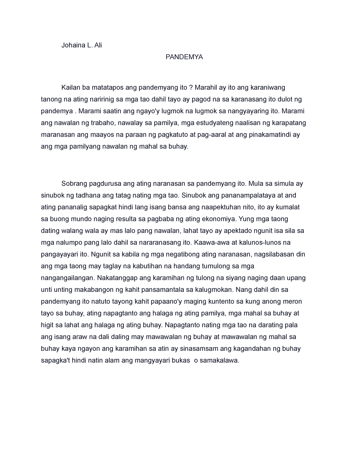 essay pandemya tagalog