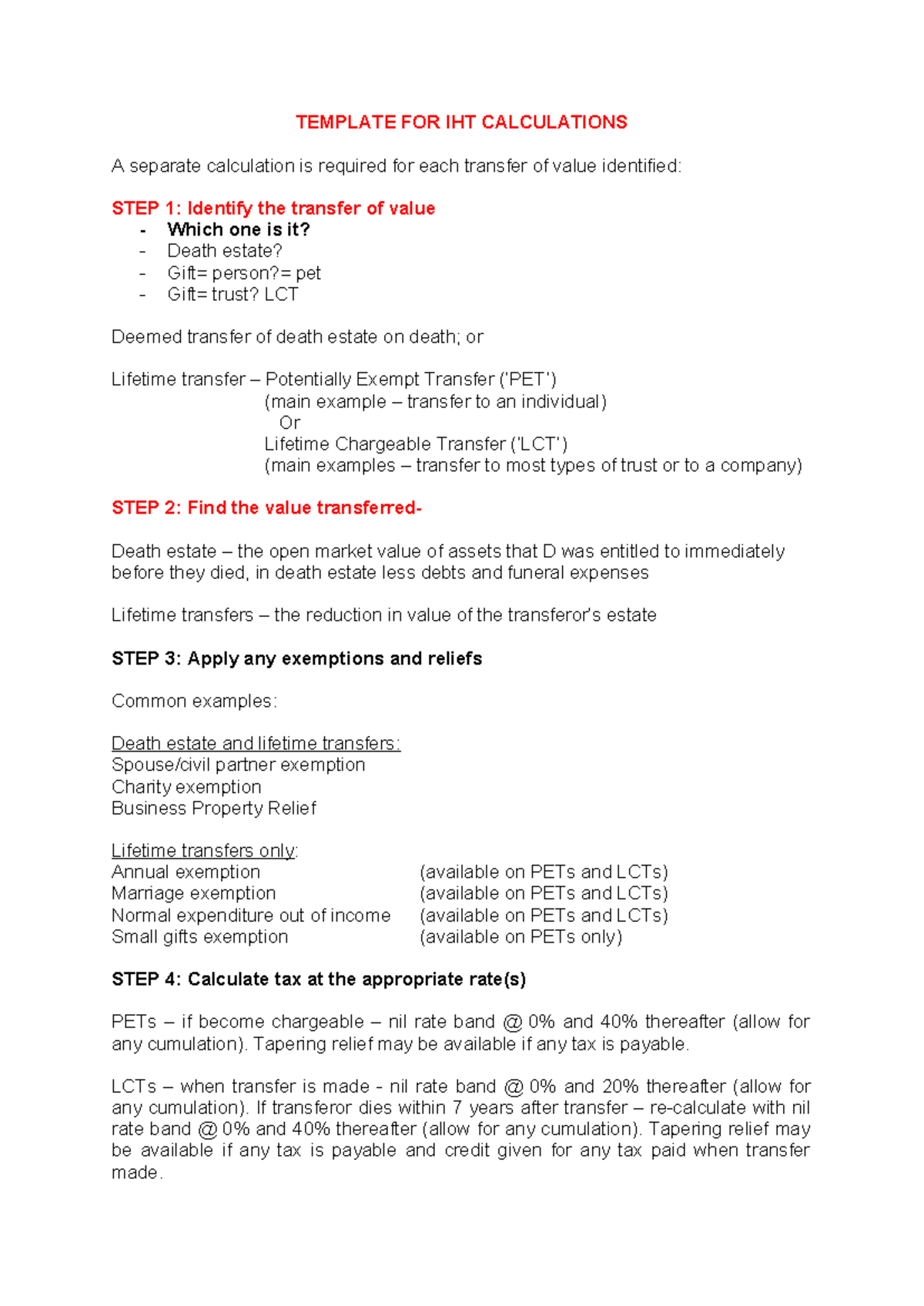 Template FOR IHT Calculations - TEMPLATE FOR IHT CALCULATIONS A ...
