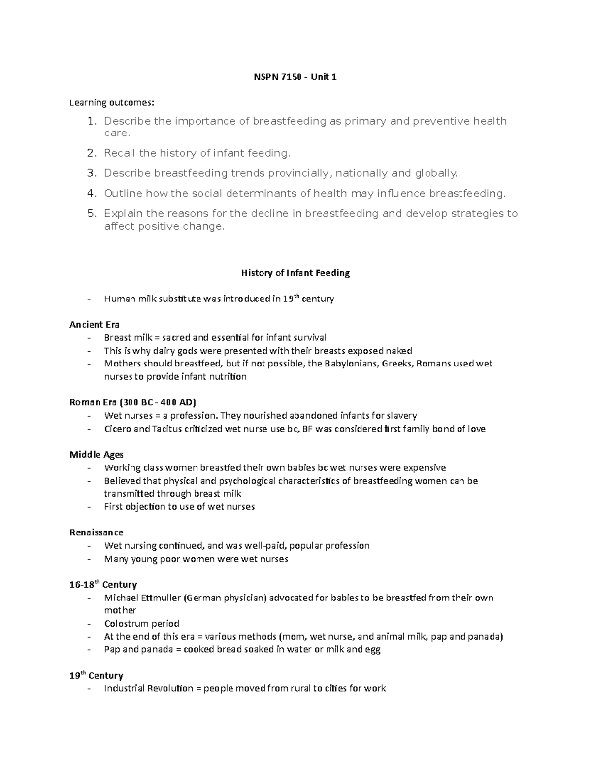 Breastfeeding History And Canadian Views NSPN 7150 Unit 1 Learning