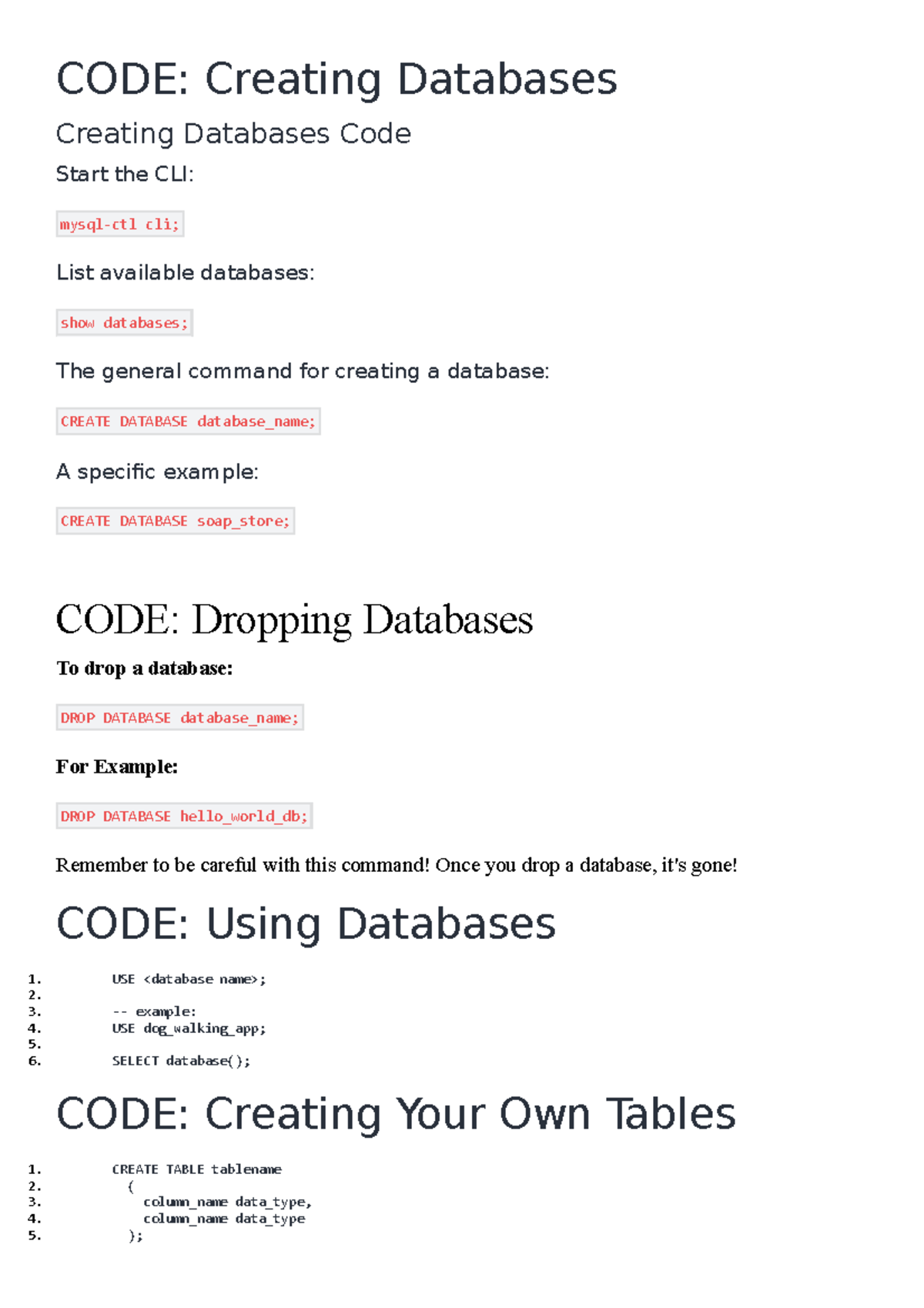 SQL - sql notes - CODE: Creating Databases Creating Databases Code ...