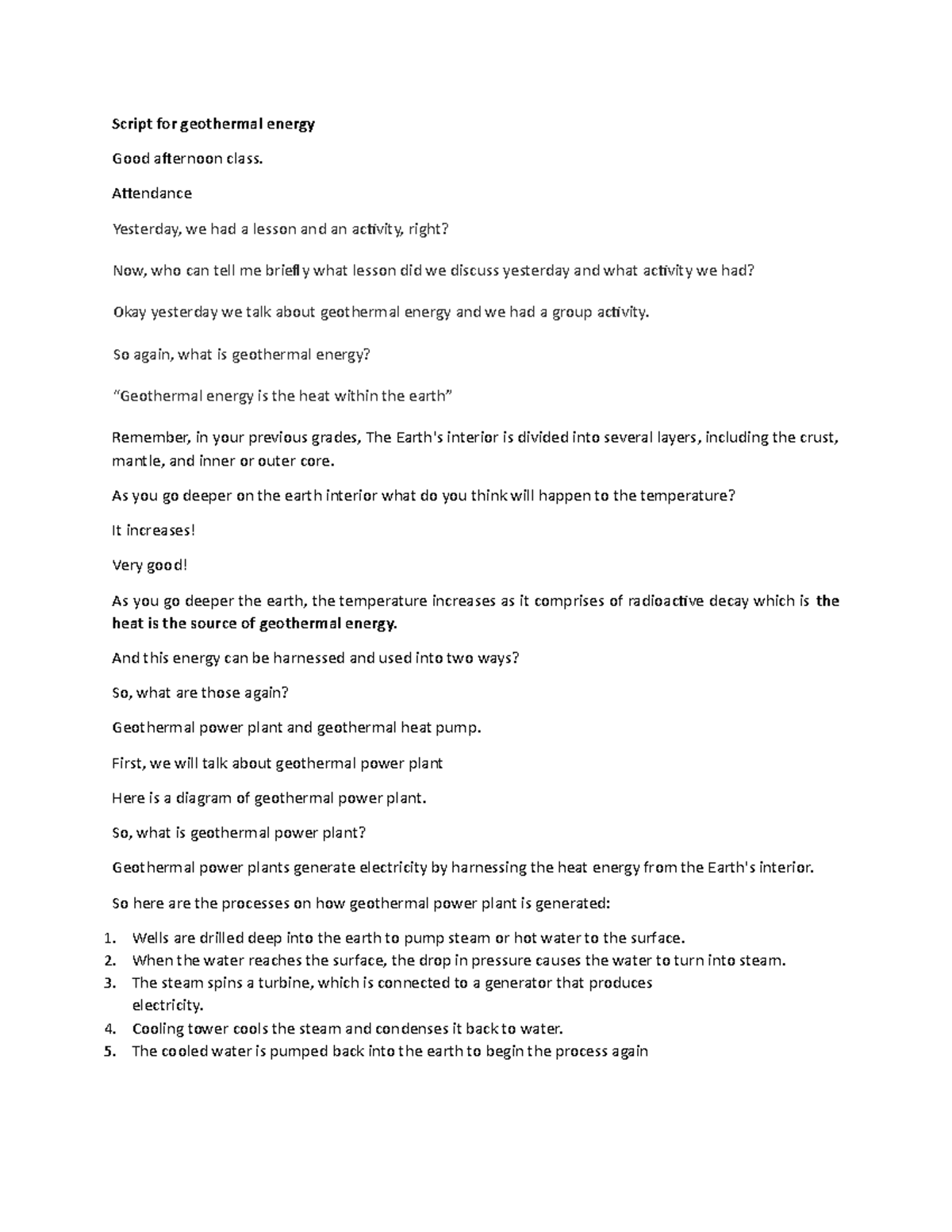 Script for geothermal energy - Attendance Yesterday, we had a lesson ...