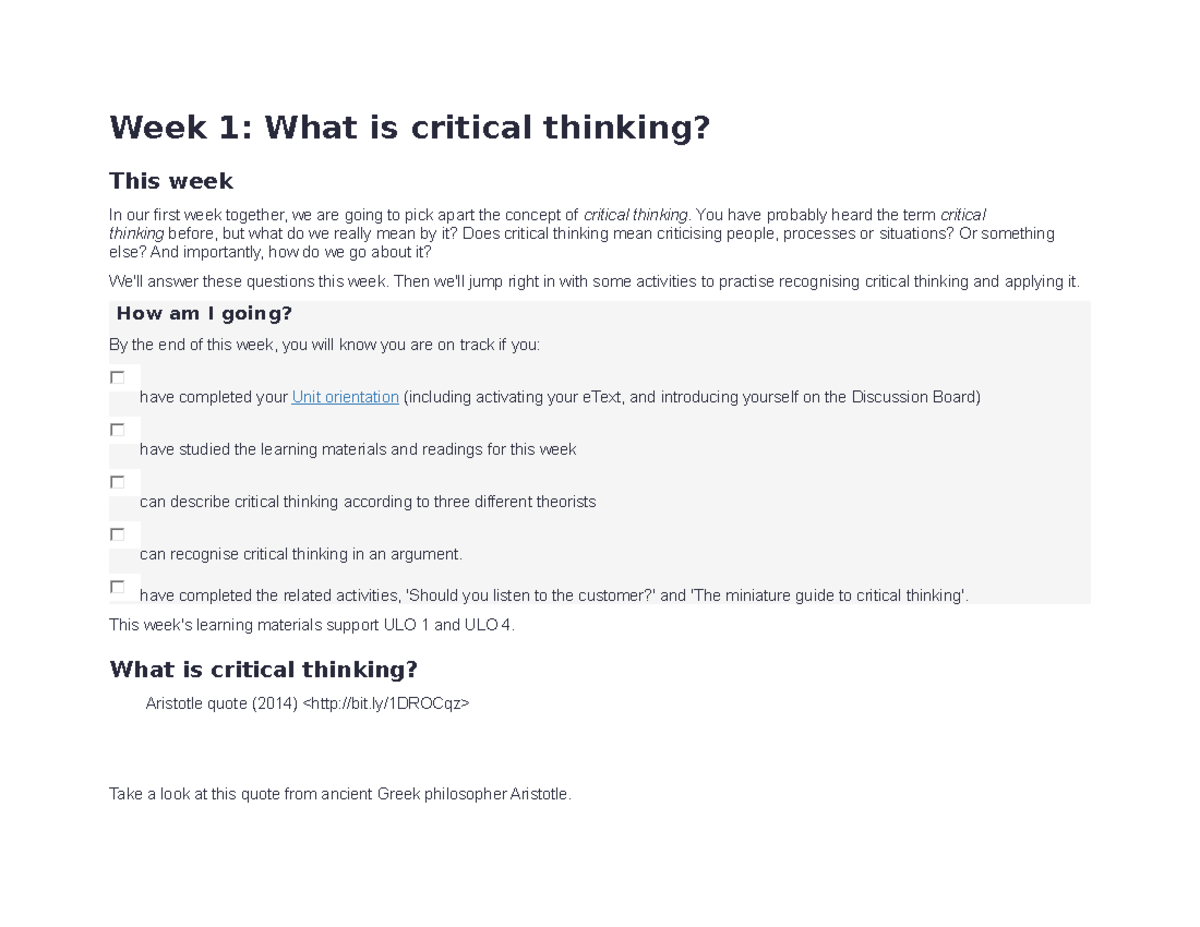 Week 1 What is critical thinking - Week 1: What is critical thinking ...