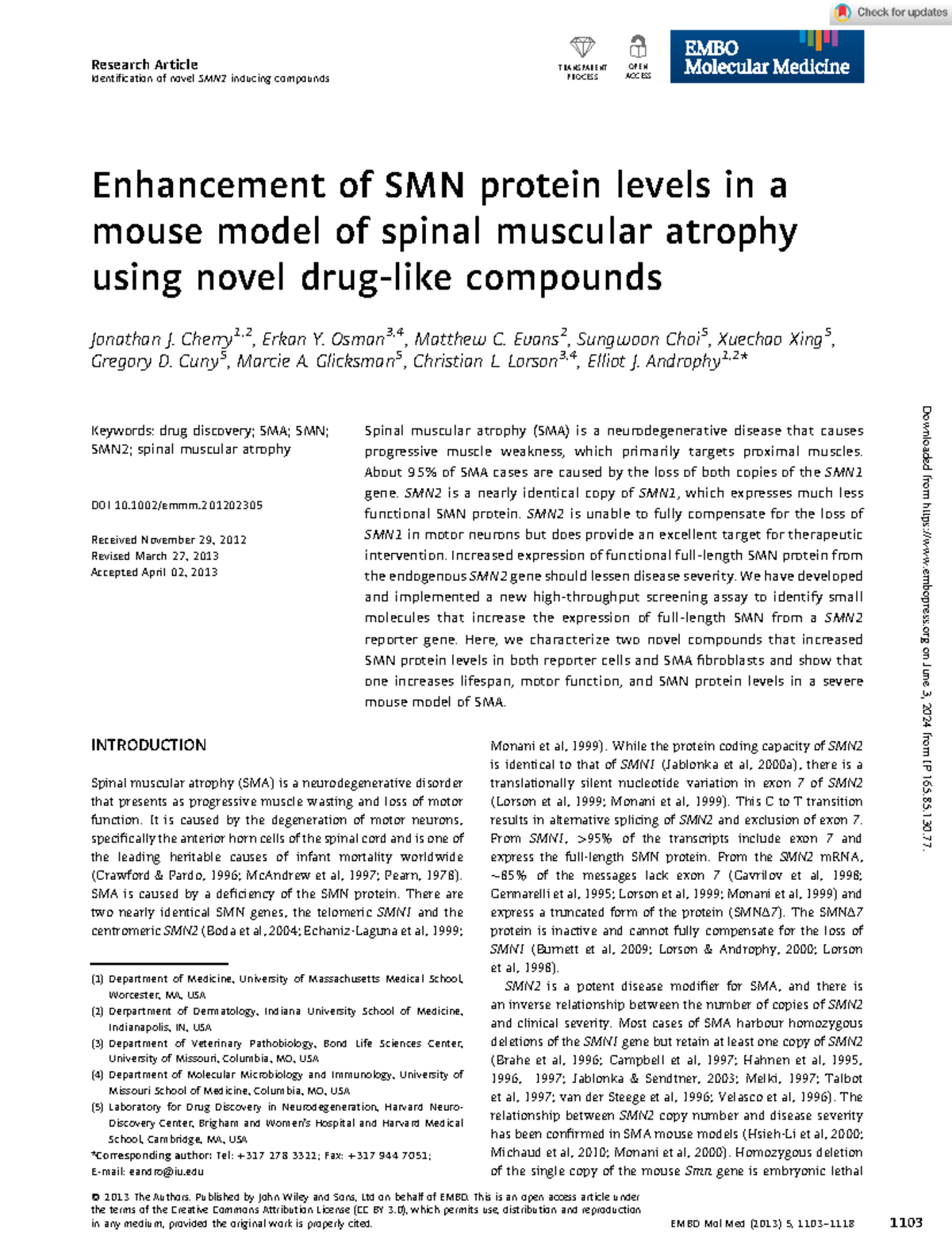 Cherry et al 2013 enhancement of smn protein levels in a mouse model of ...