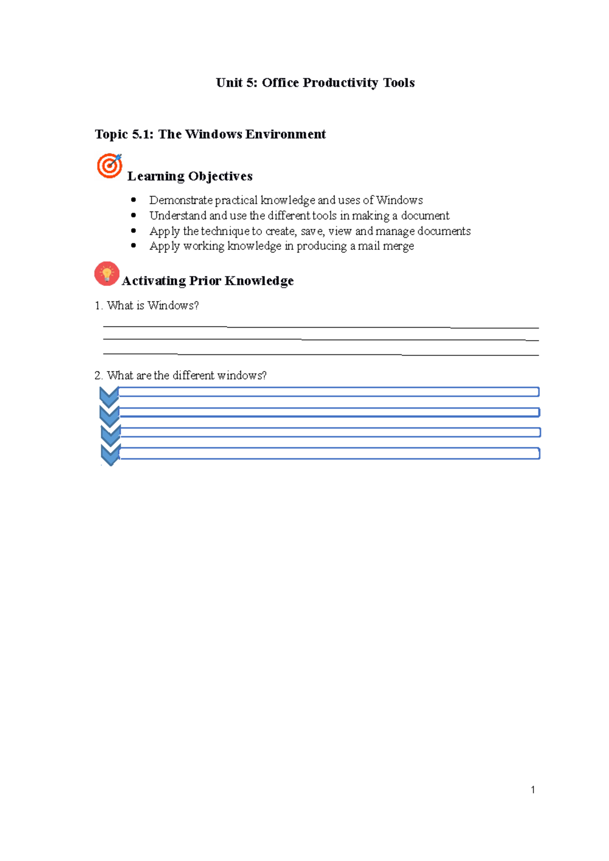 The-Windows-Environment - Unit 5: Office Productivity Tools Topic 5 ...