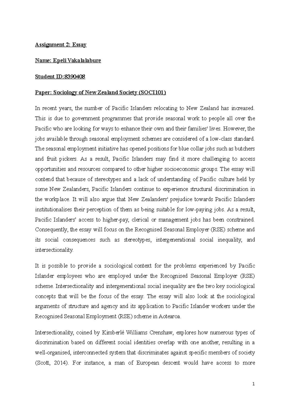 SOCI101-Assignment 2 (Final) - Assignment 2: Essay Name: Epeli ...