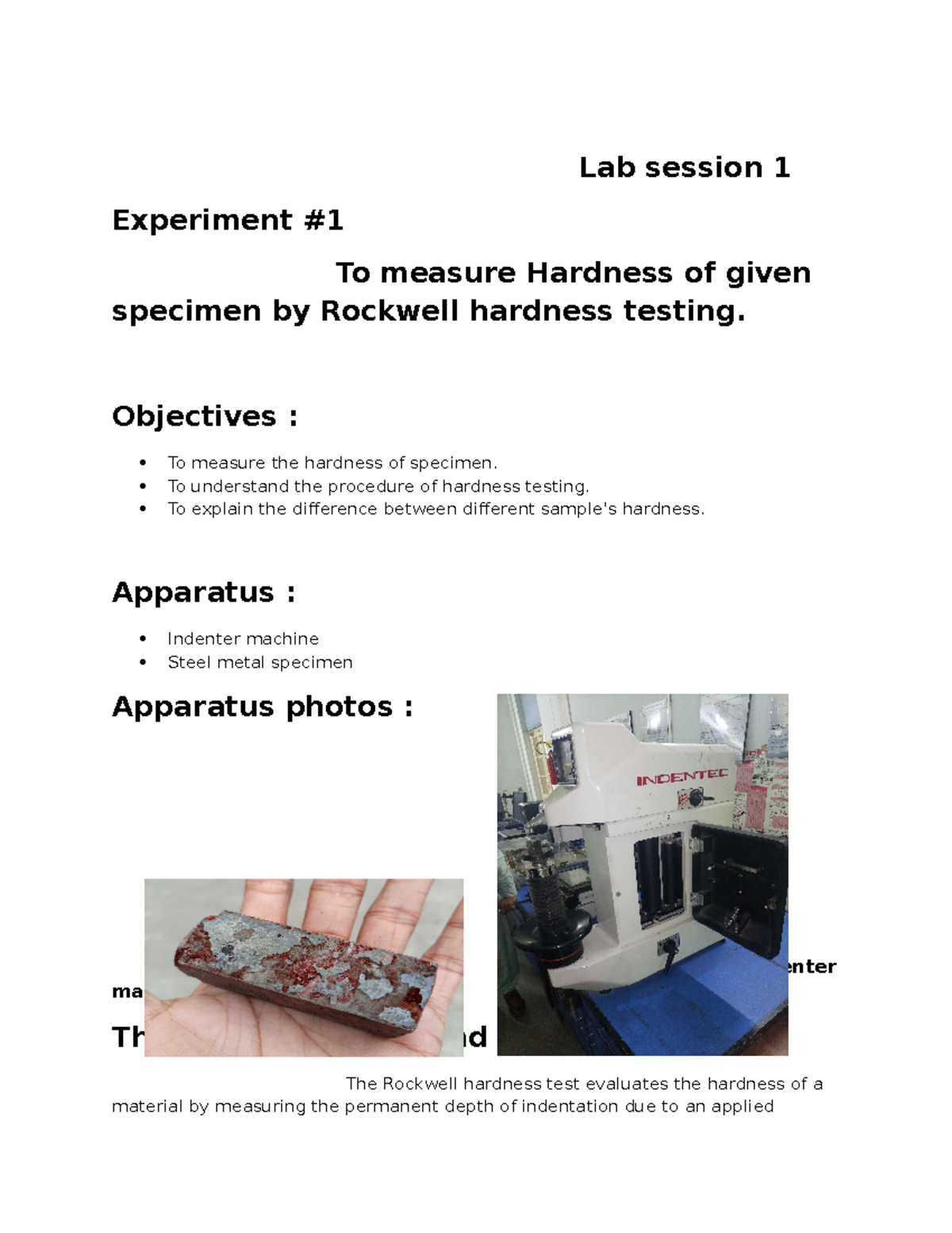 IM 1 ignore ;) Lab session 1 Experiment To measure Hardness of