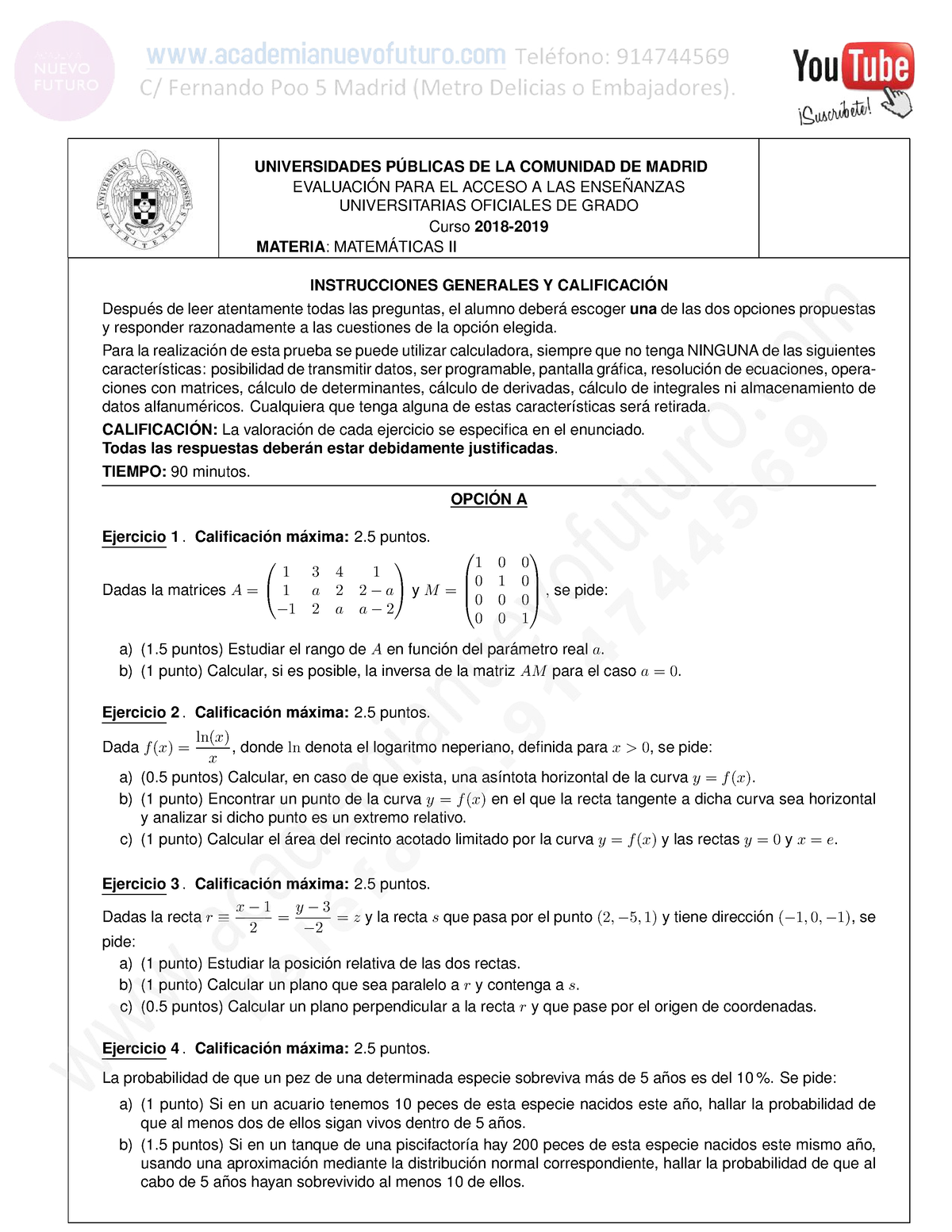 Examen Matematicas II Selectividad Junio 2019 Opcion A Y B Enunciado ...