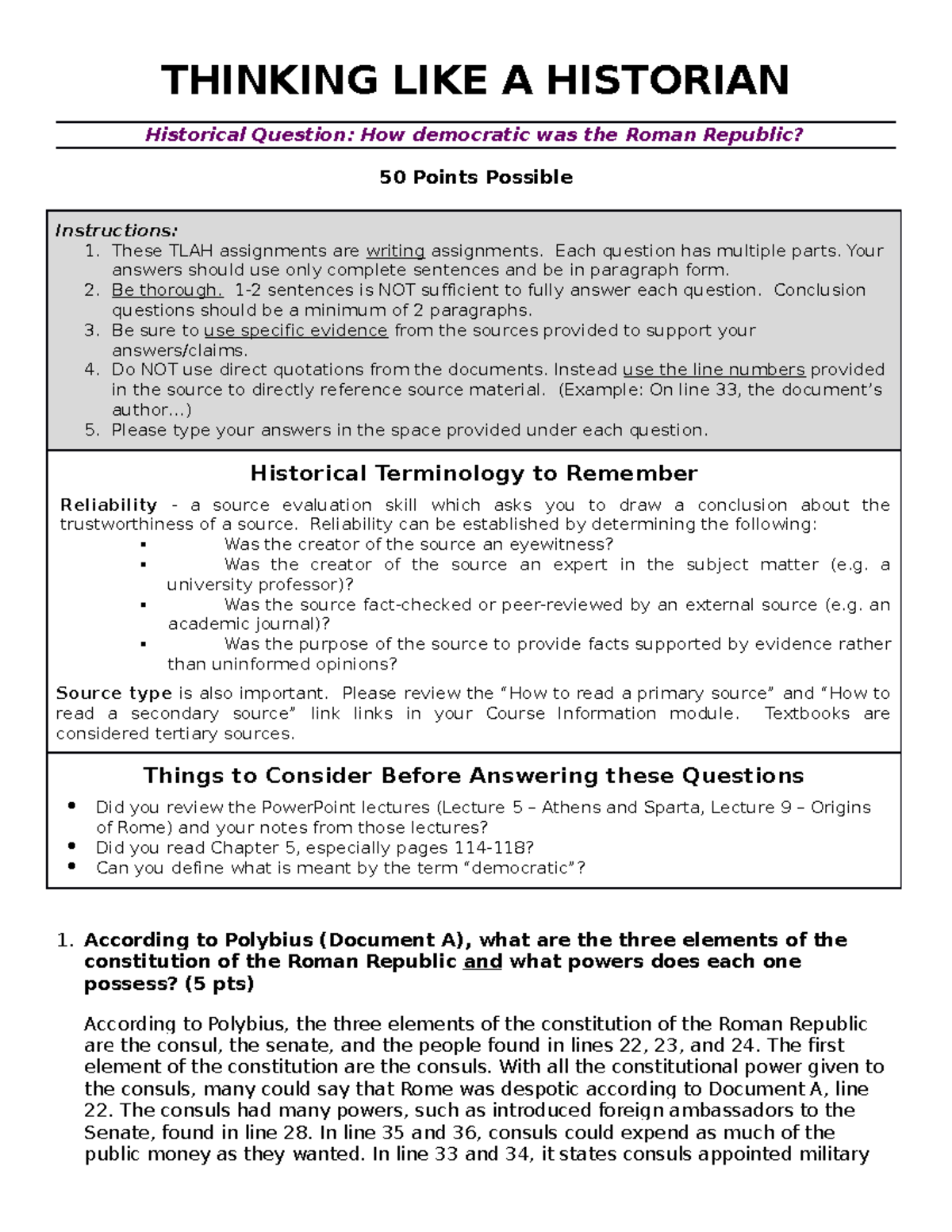 Roman Republic Student Response Form - THINKING LIKE A HISTORIAN ...