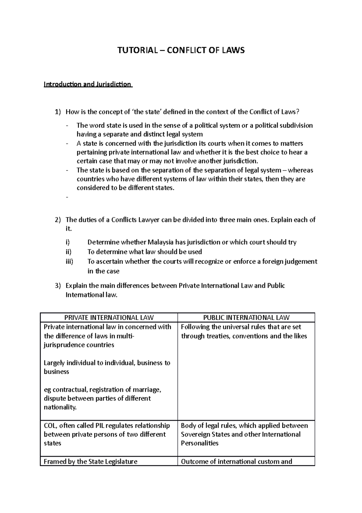 First and Second Tutorial Questions - TUTORIAL – CONFLICT OF LAWS ...
