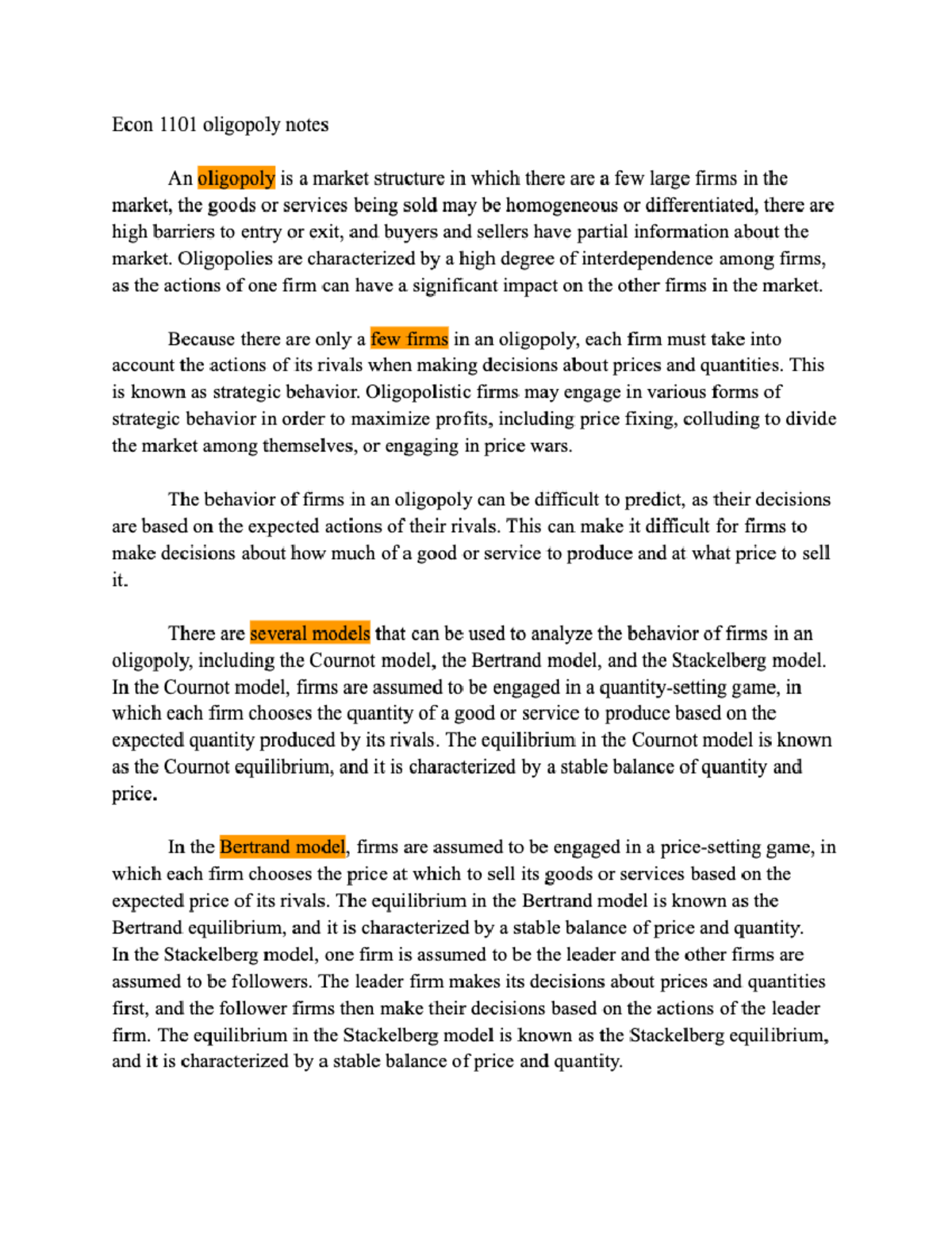 Oligopoly - Econ 1101 Lecture Notes - ECON1101 - Studocu