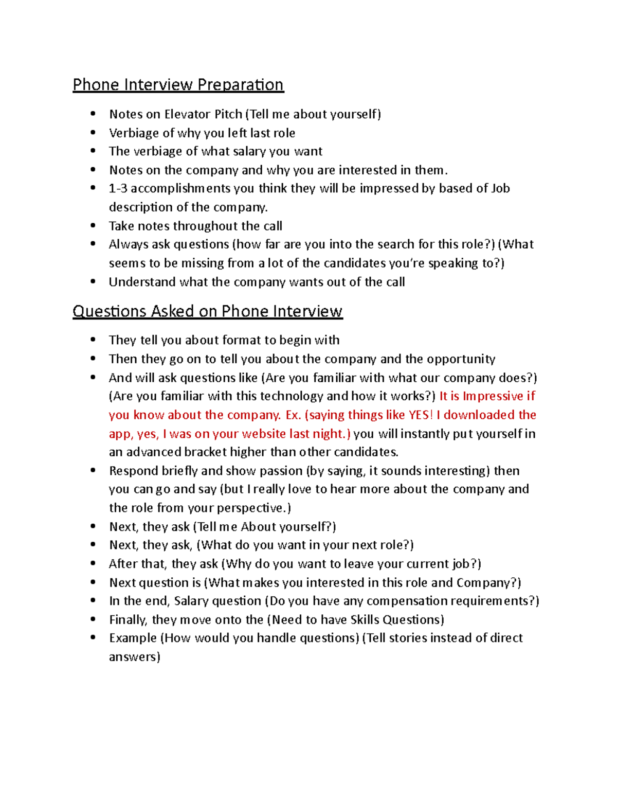 Phone interview prep phone interview preparation notes on elevator