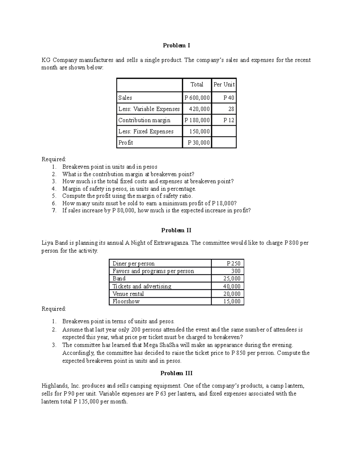 CVP-exercises-students - Problem I KG Company manufactures and sells a ...