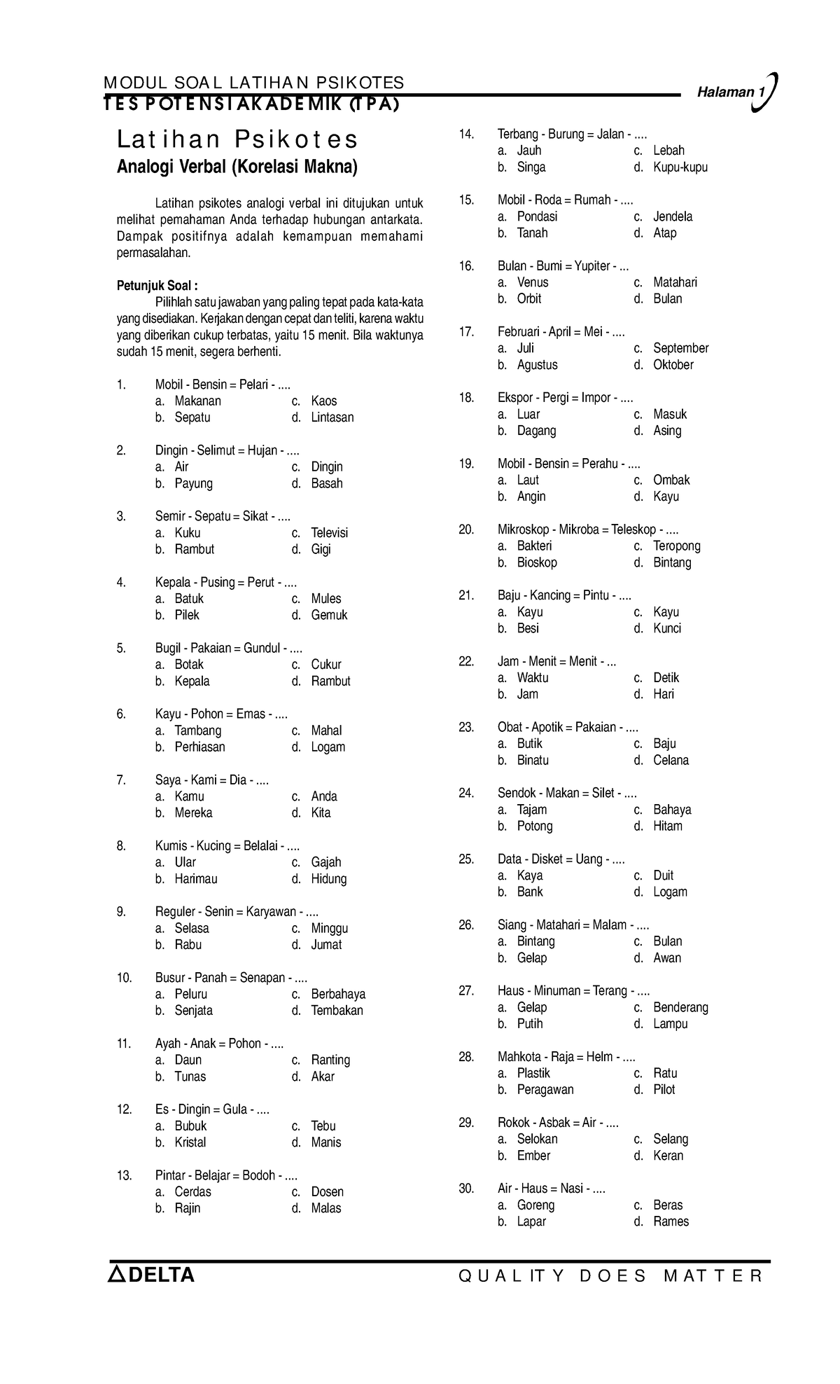 Soal Psikotes PDF Analog Verbal - T E S P OT E N S I AK AD E MIK (T P A ...