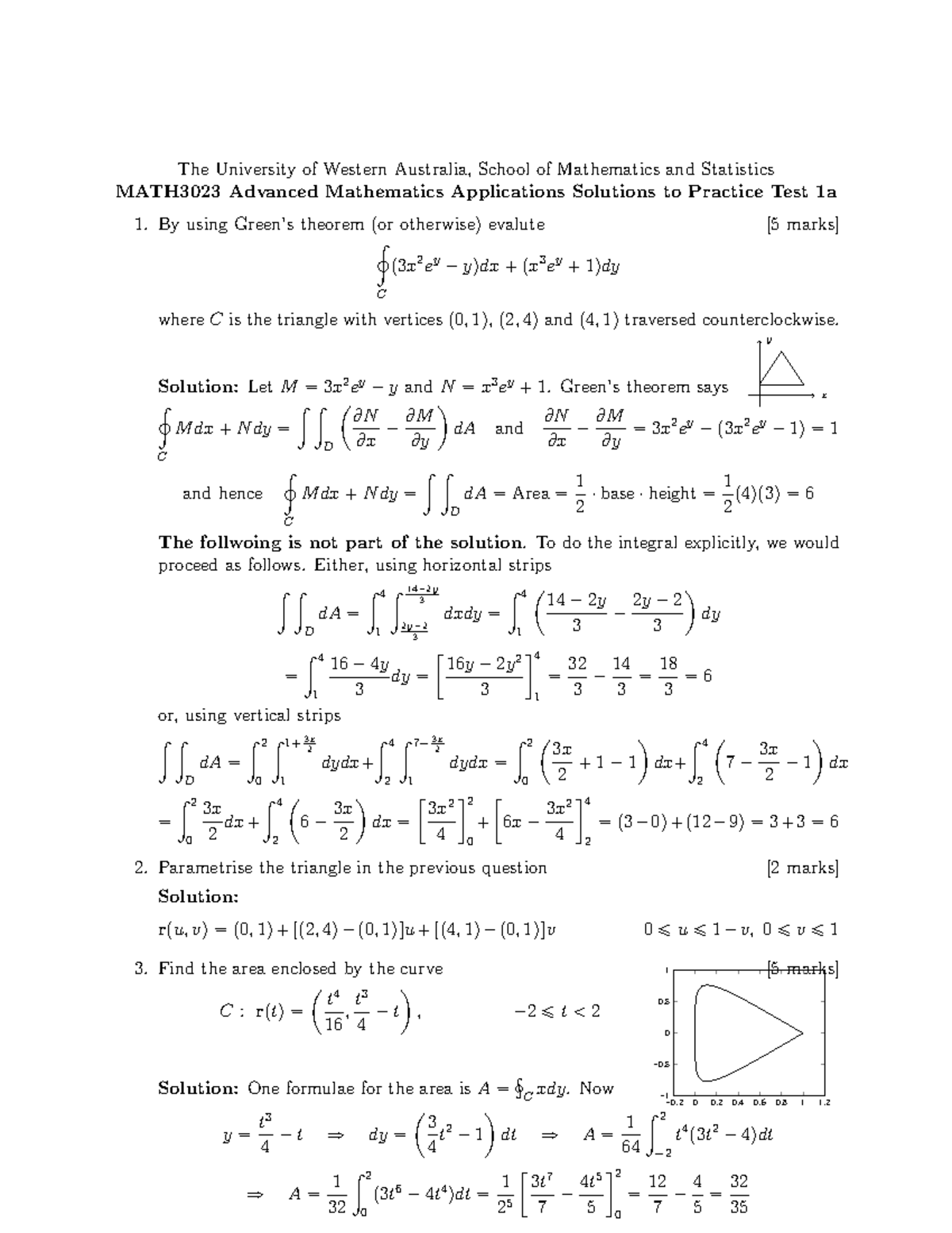 MATH3023 Practice Test 1a Solutions - The University of Western ...