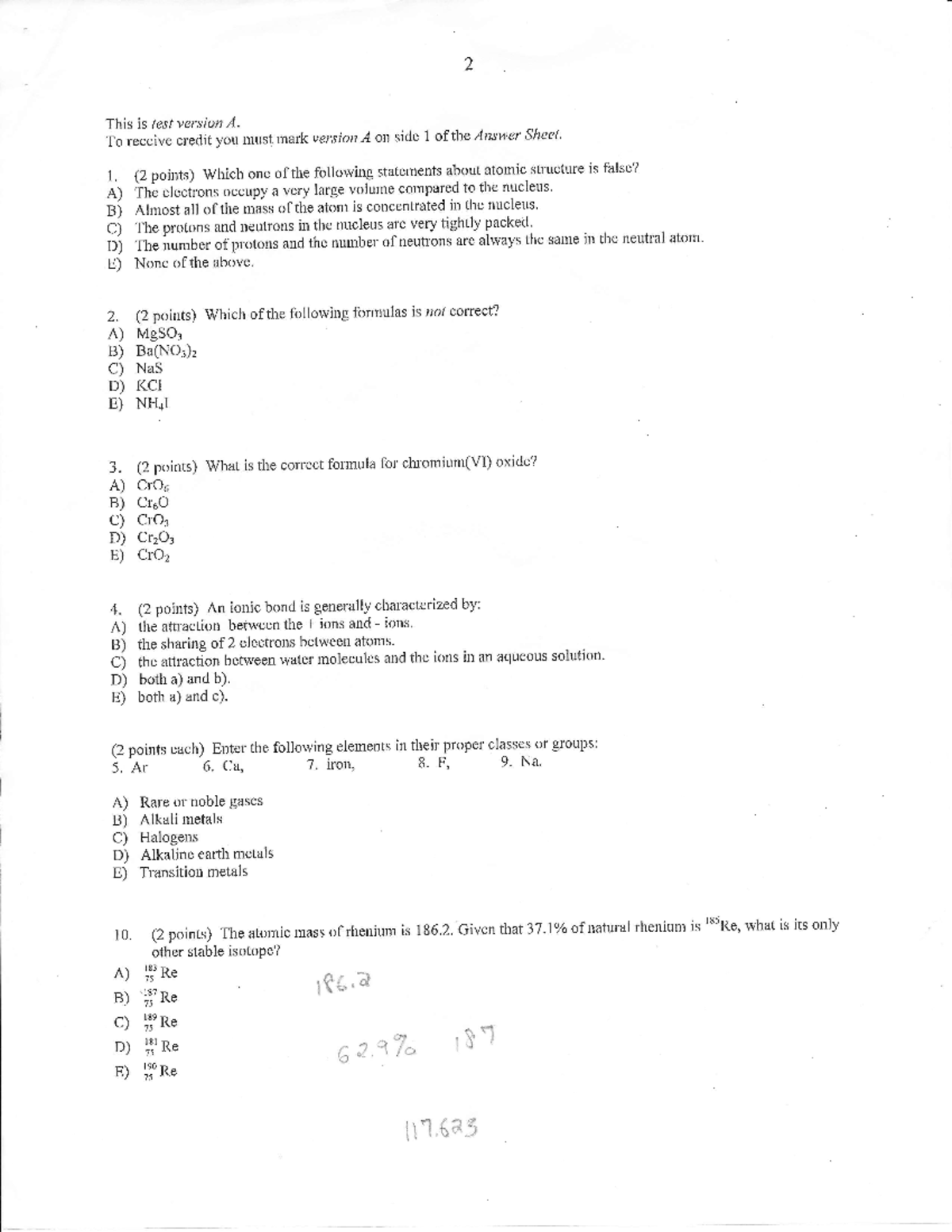 Chem 142 Midterm 1 - 2 This Is Testversion A. To Receive Credit You ...