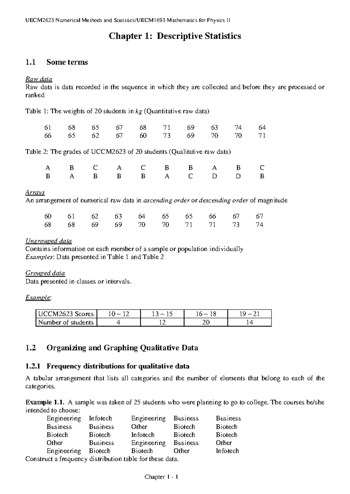 SChapter 1 - notes - Chapter 1: Descriptive Statistics 1 Some terms Raw ...