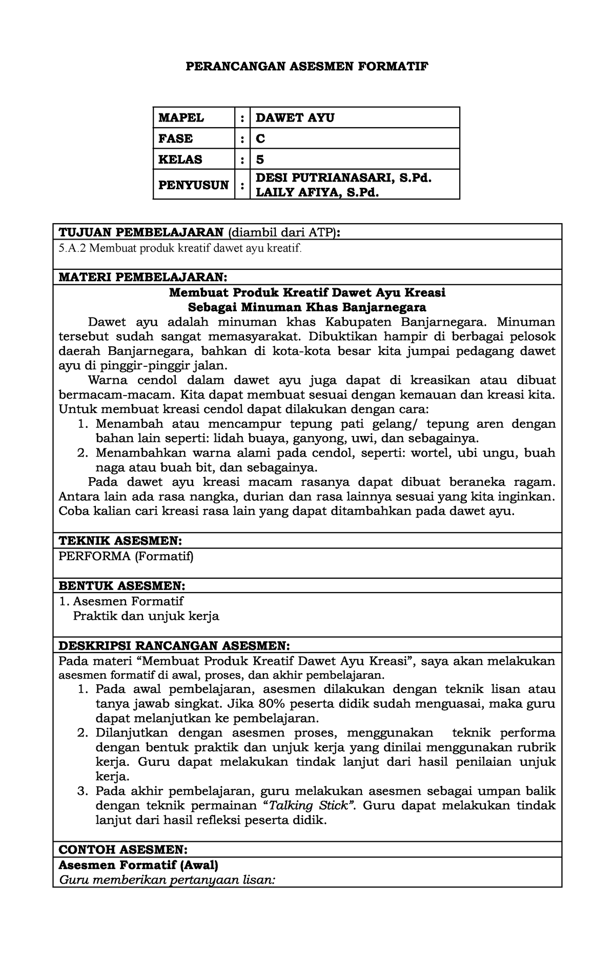 Contoh Asesmen DAB Kelas 5 - PERANCANGAN ASESMEN FORMATIF MAPEL : DAWET ...