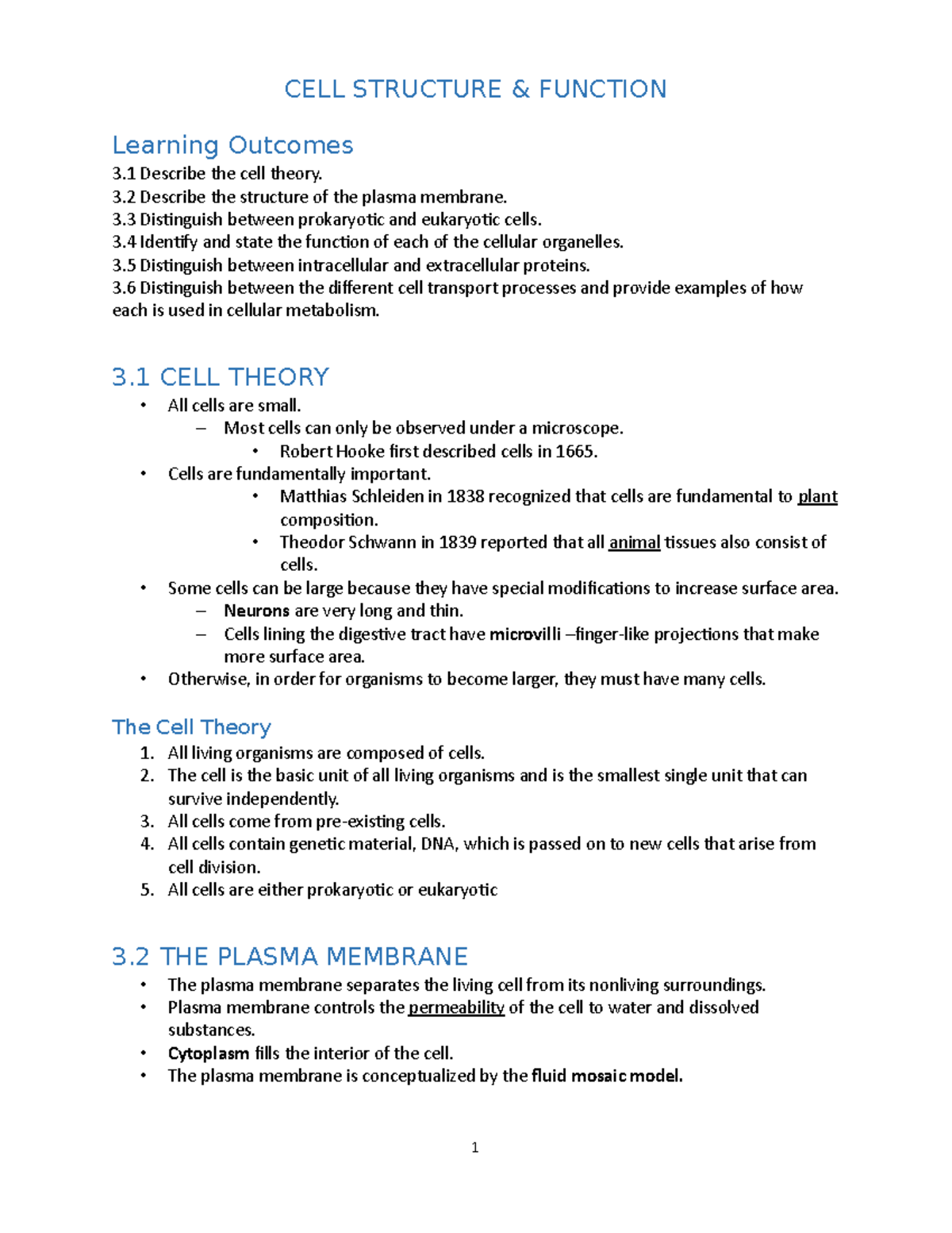 Cell Strucutre & Function - Learning Outcomes 3 Describe the cell ...