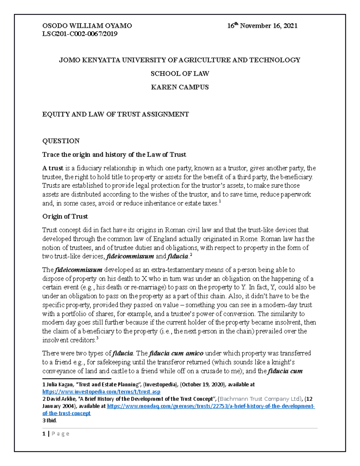 Trust Law - The document is a research on an assignment given in class ...