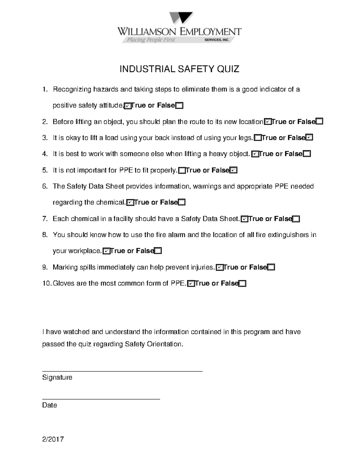 Industrial Safety Quiz 2017 Fillable 2/ INDUSTRIAL SAFETY QUIZ Recognizing hazards and taking