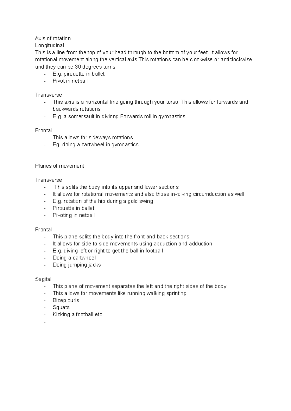 PE GCSE COURSEWORK DEFINITIONS - Axis of rotation Longitudinal This is ...