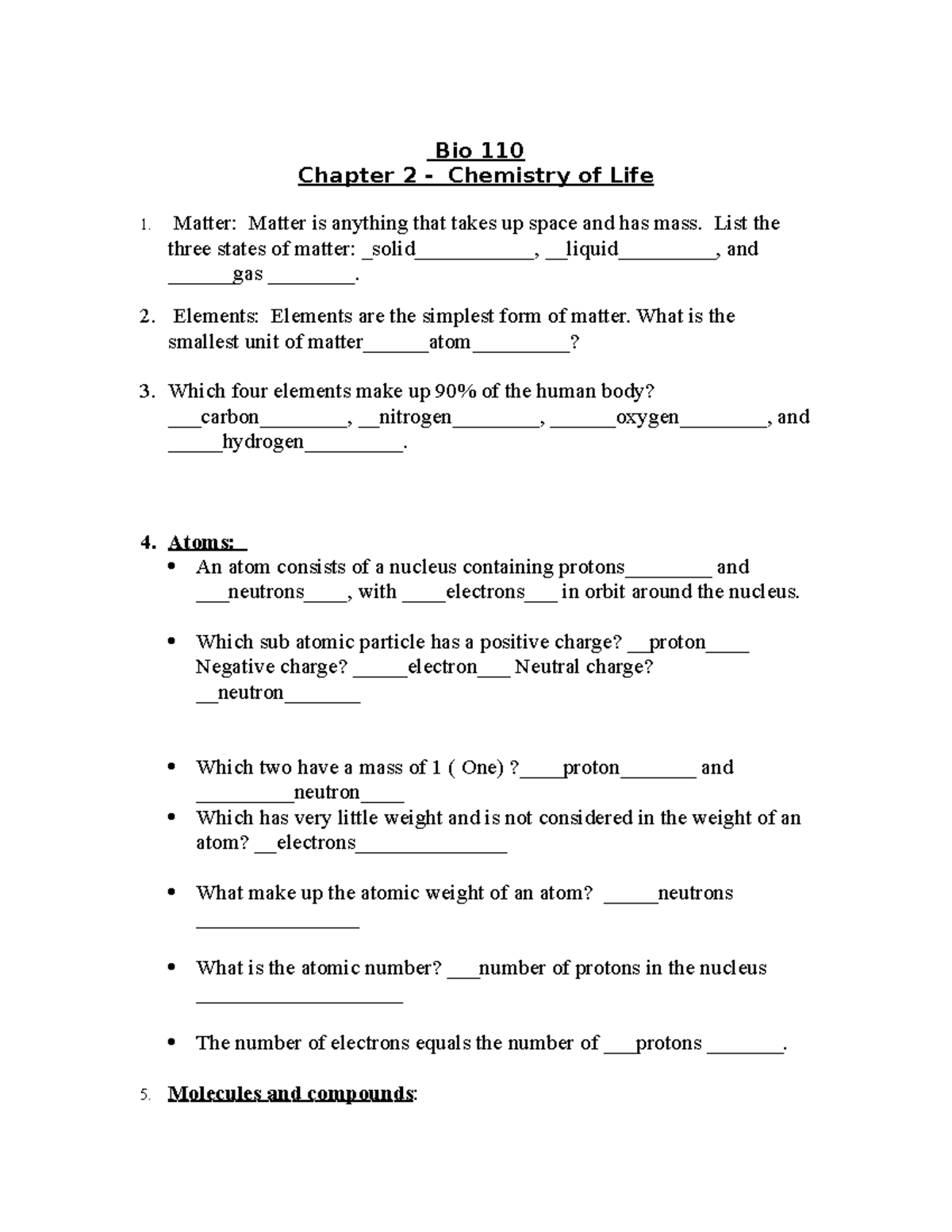 Bio 110 Chapter two - chemistry of life - Bio 110 Chapter 2 - Chemistry ...