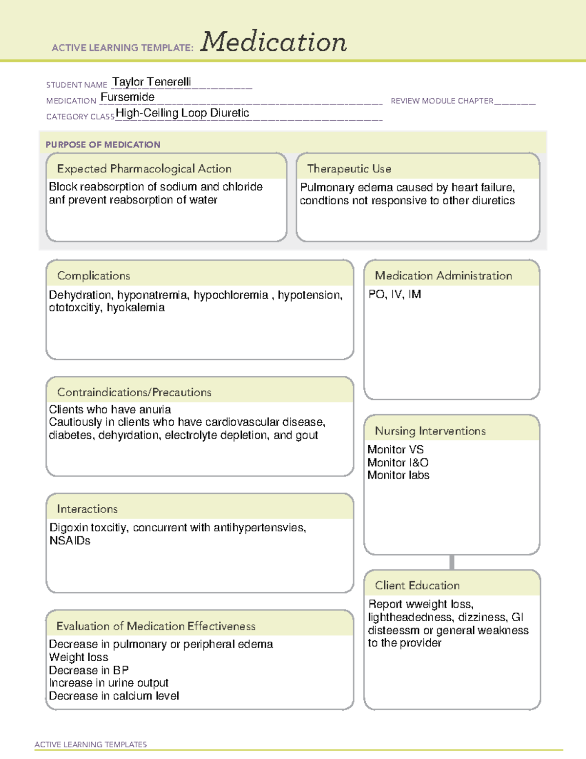 Furosemide - Med sheet - ACTIVE LEARNING TEMPLATES Medication STUDENT ...