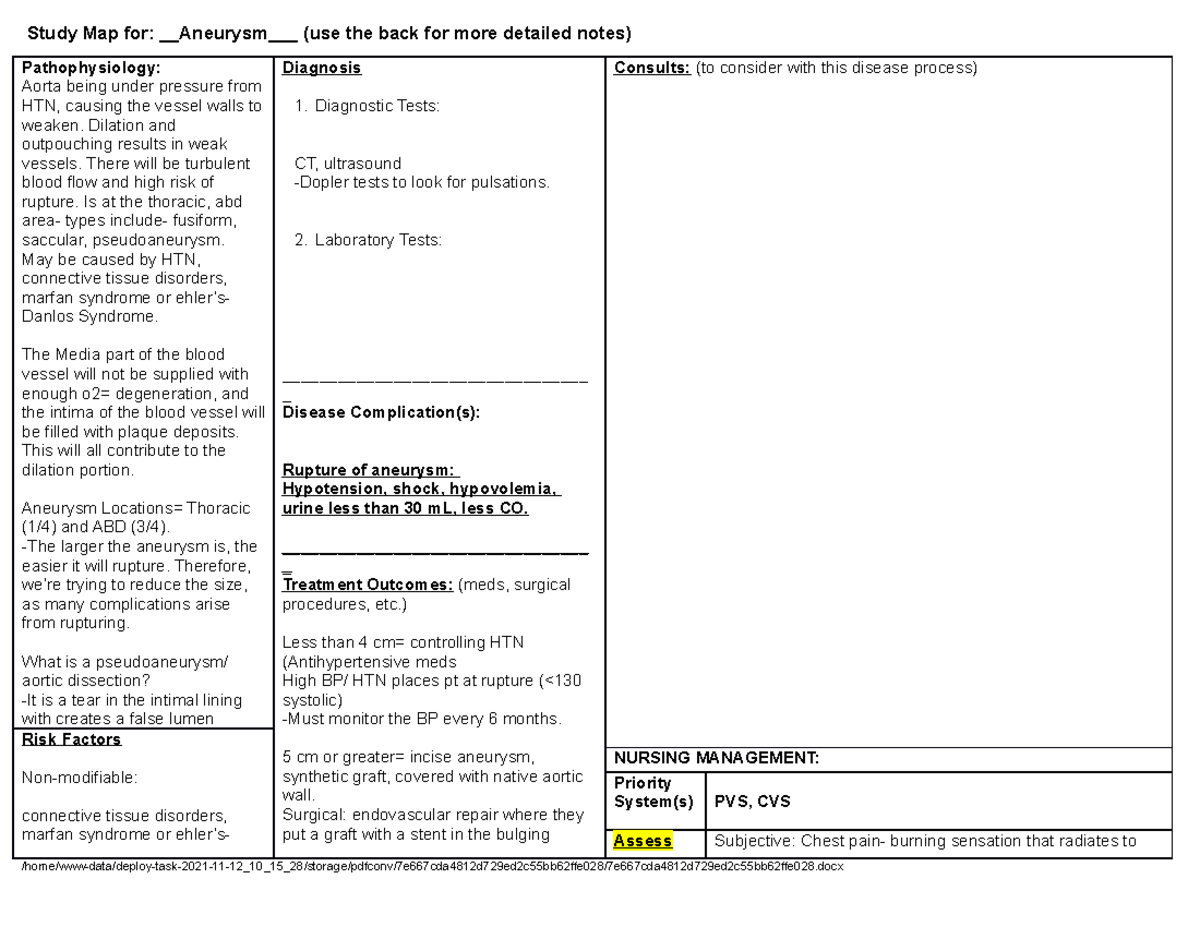 Study Map: Aortic Aneurysm & Peripheral Arterial Disease - Studocu