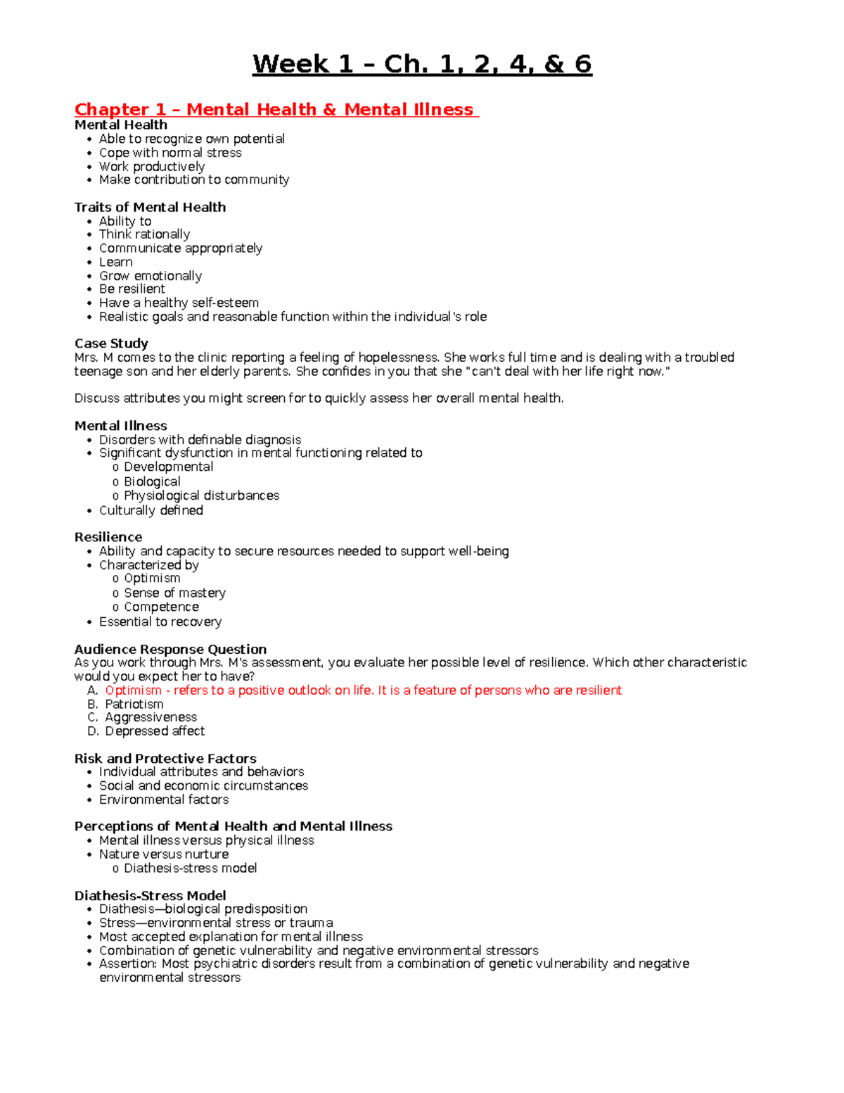 Week 1 Ch - notes related to psych lecture - Chapter 1 – Mental Health ...