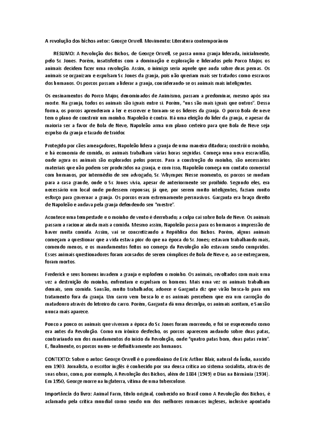 A revolucao dos bichos resumo - A revolução dos bichos autor: George ...