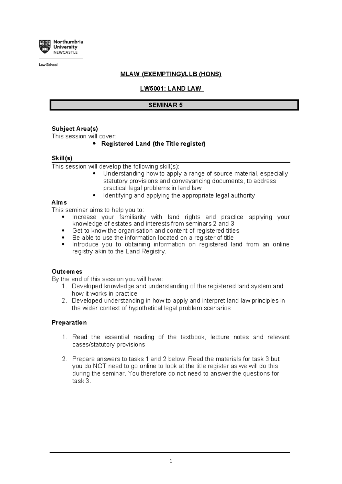 LW5001-Seminar 5-Registered land - MLAW (EXEMPTING)/LLB (HONS) LW5001 ...