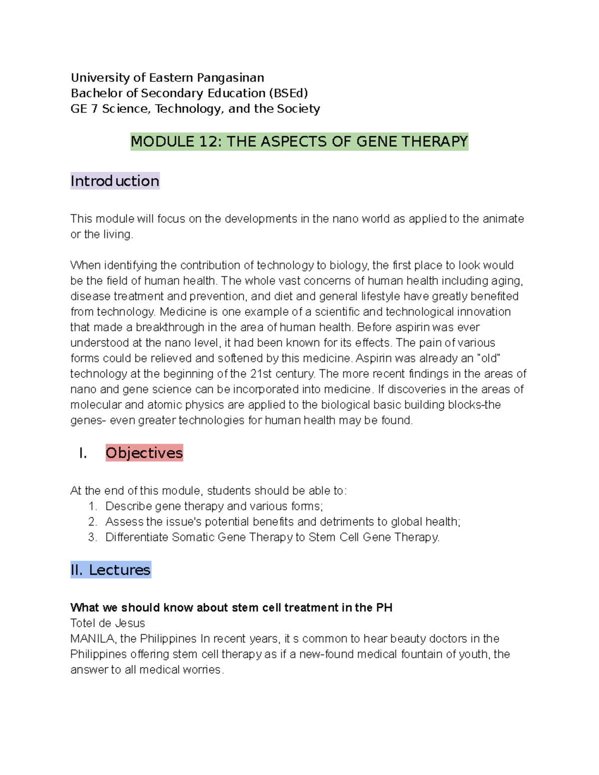Module 12 THE Aspects GENE Therapy - University of Eastern Pangasinan ...
