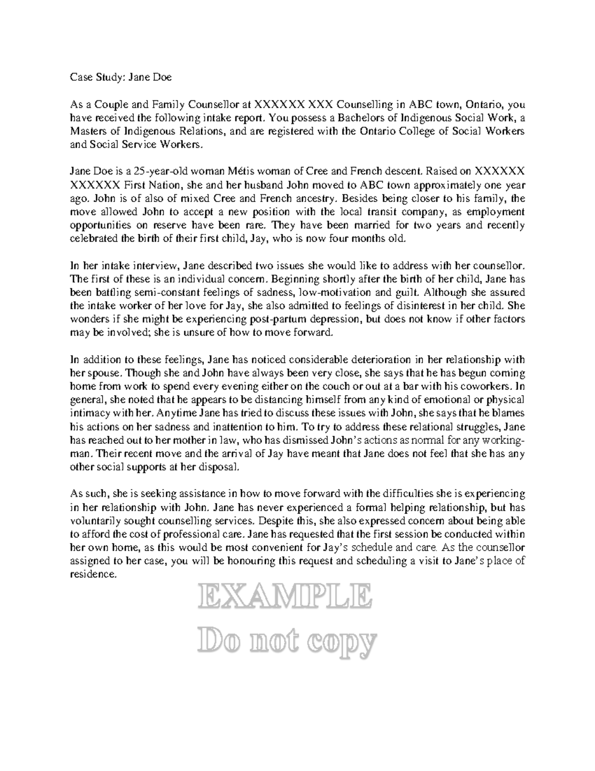 Case Study Example Case Study Jane Doe As a Couple and Family Counsellor at XXXXXX XXX Studocu