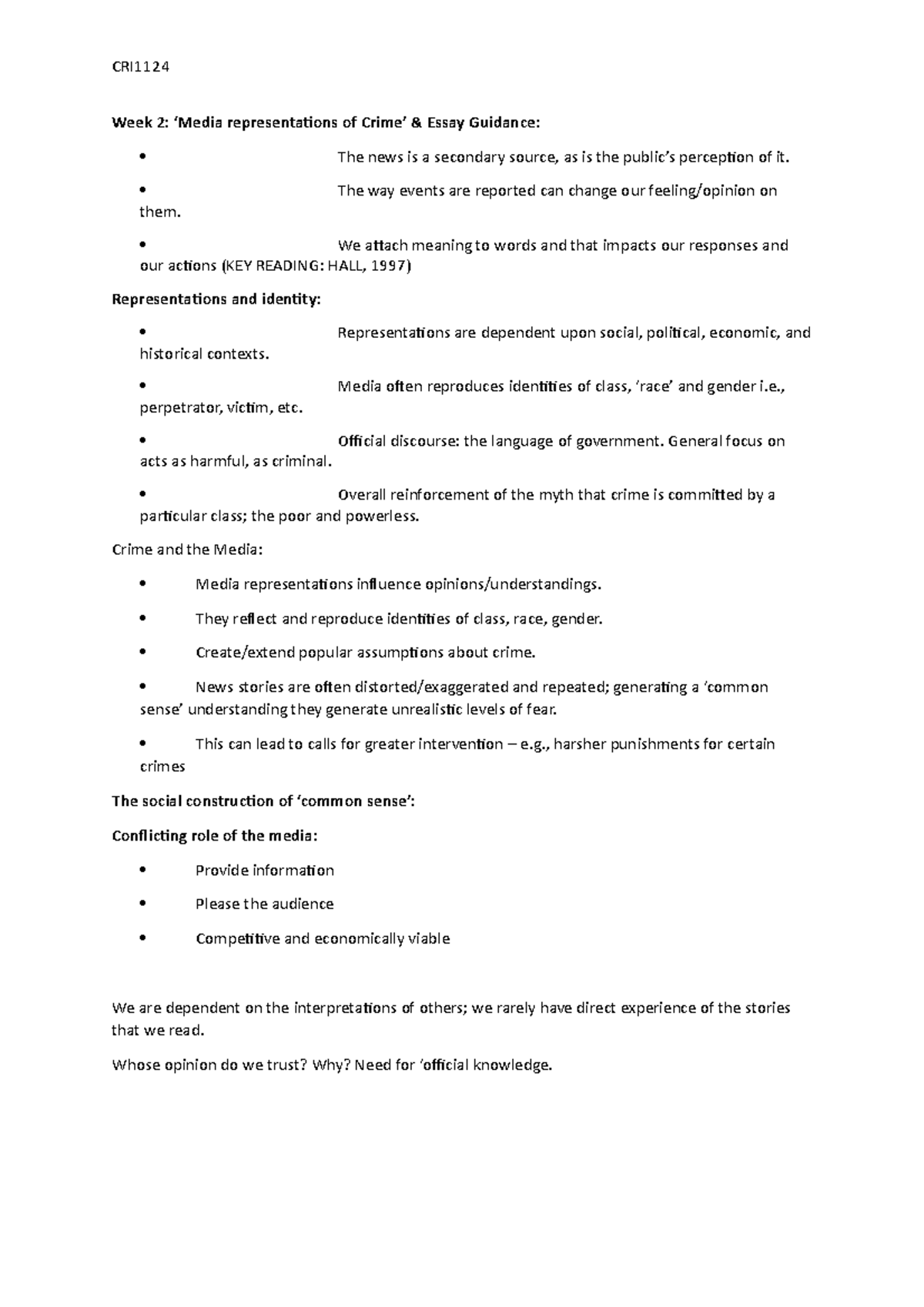 CRI1124 WEEK 2 Notes Media Representations Week 2 ‘Media representations of Crime