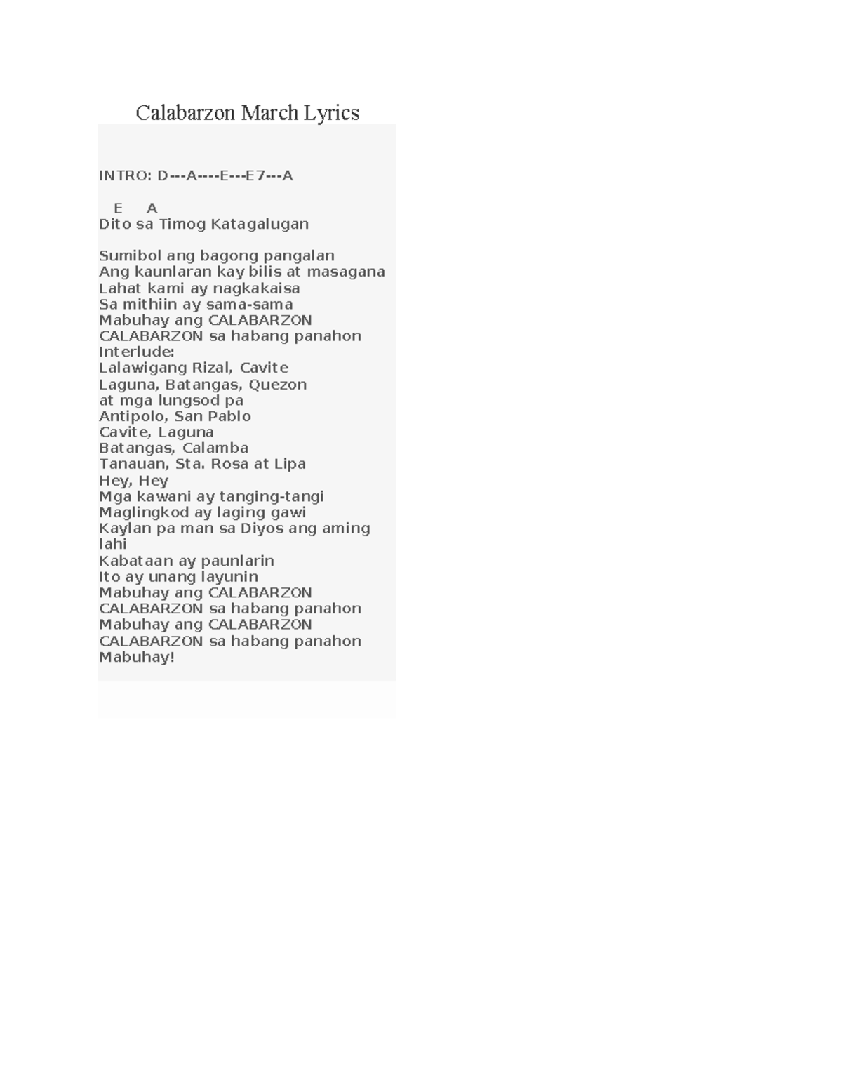 Calabarzon March - Ukelele Chords - Calabarzon March Lyrics INTRO: D-A ...