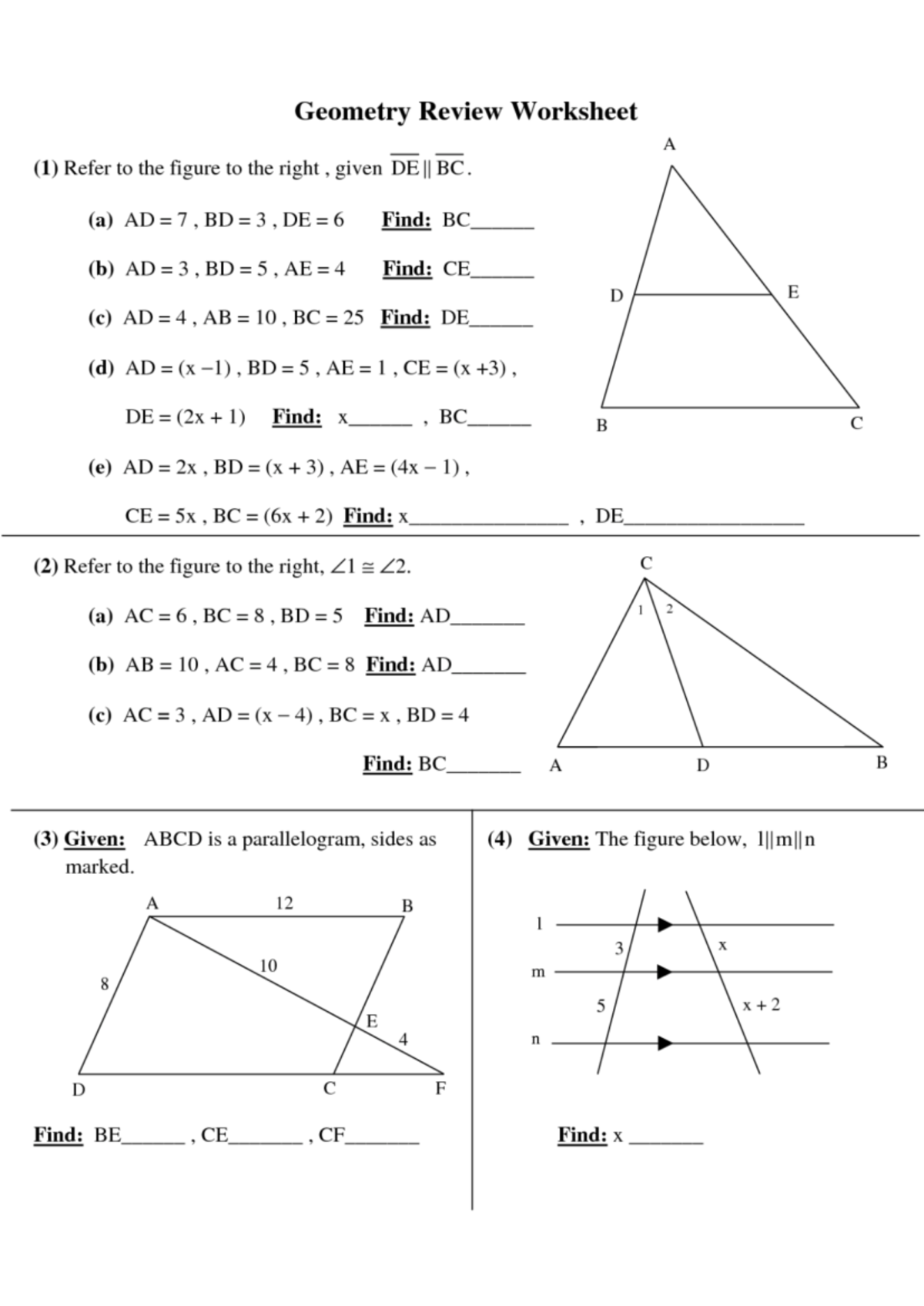 Worksheet - (a) Find: BC (b) AD 3 Find: CE D E (c) AD 4, Find: DE (d ...