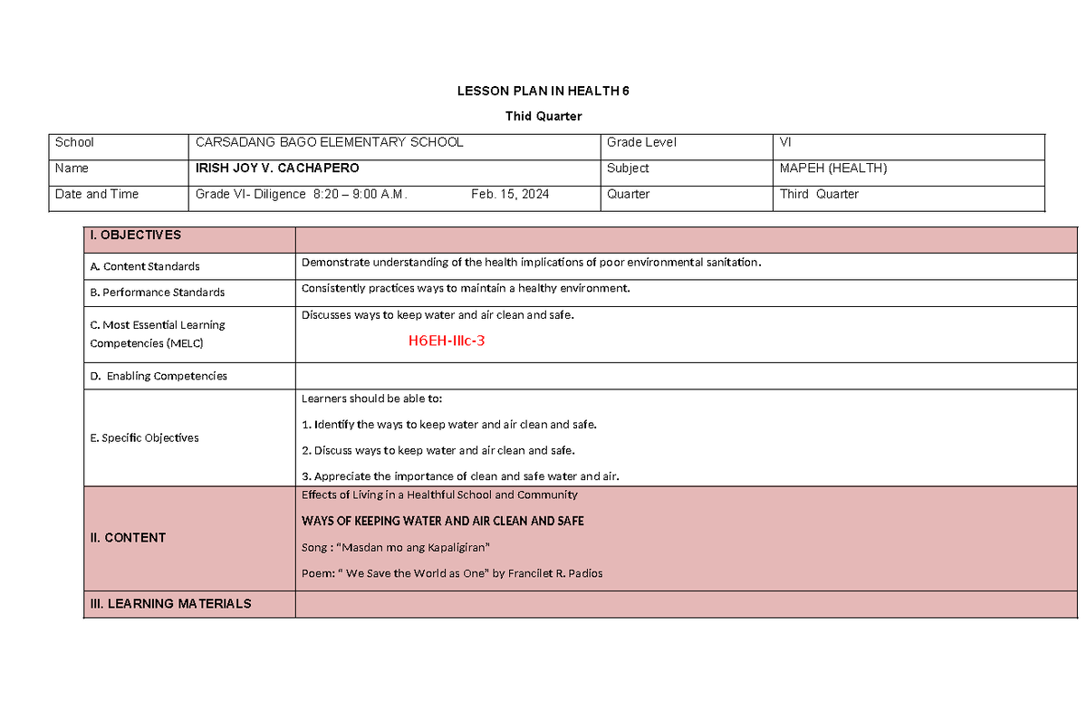 Lphealth 6 Cot3 Reference In Health 6 Lesson Plan In Health 6 Thid