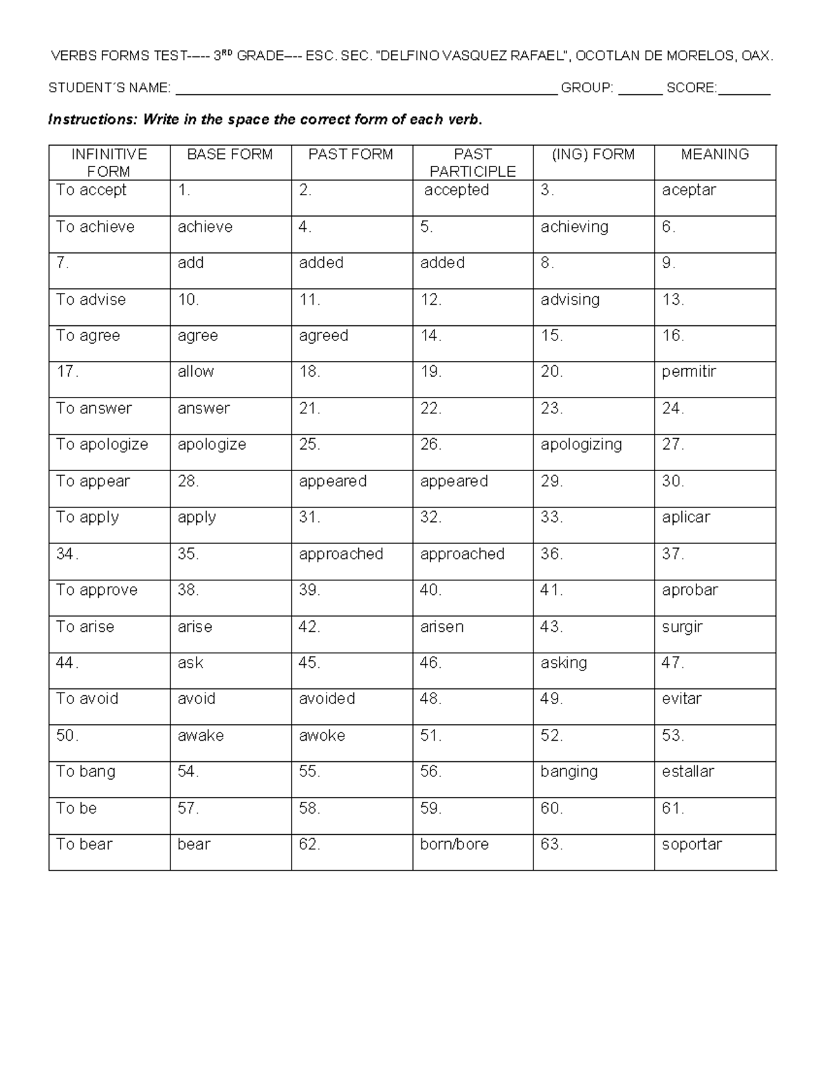Examen de Formas Verbales - VERBS FORMS TEST- 3RD GRADE- ESC. SEC ...